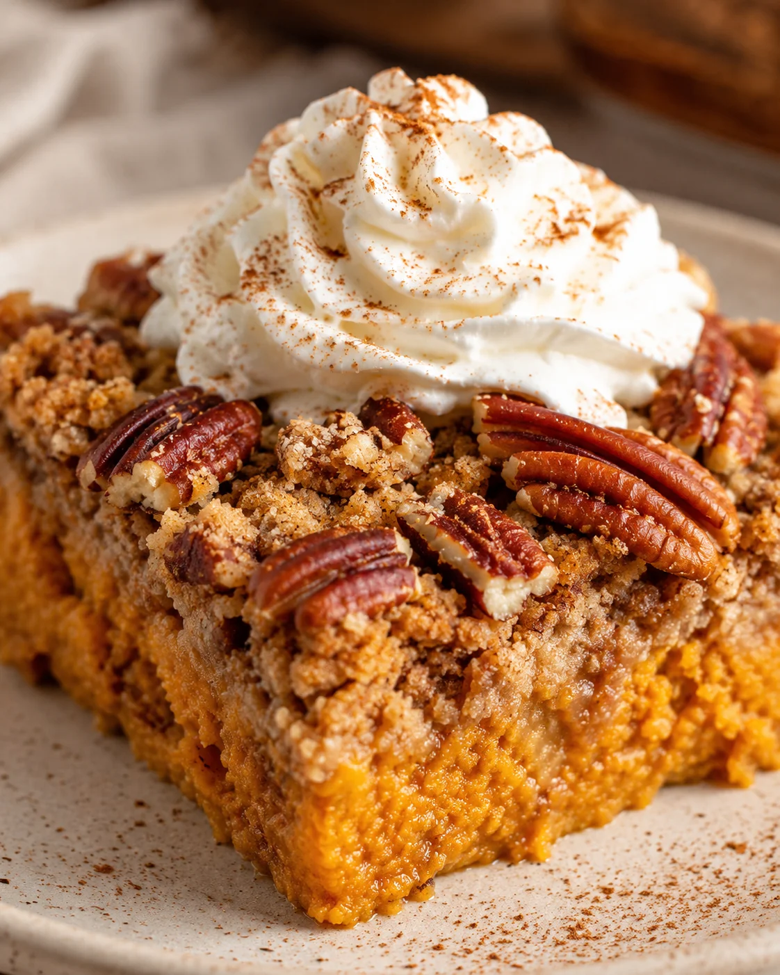 Close-up of a slice of pumpkin dump cake topped with whipped cream and pecans.