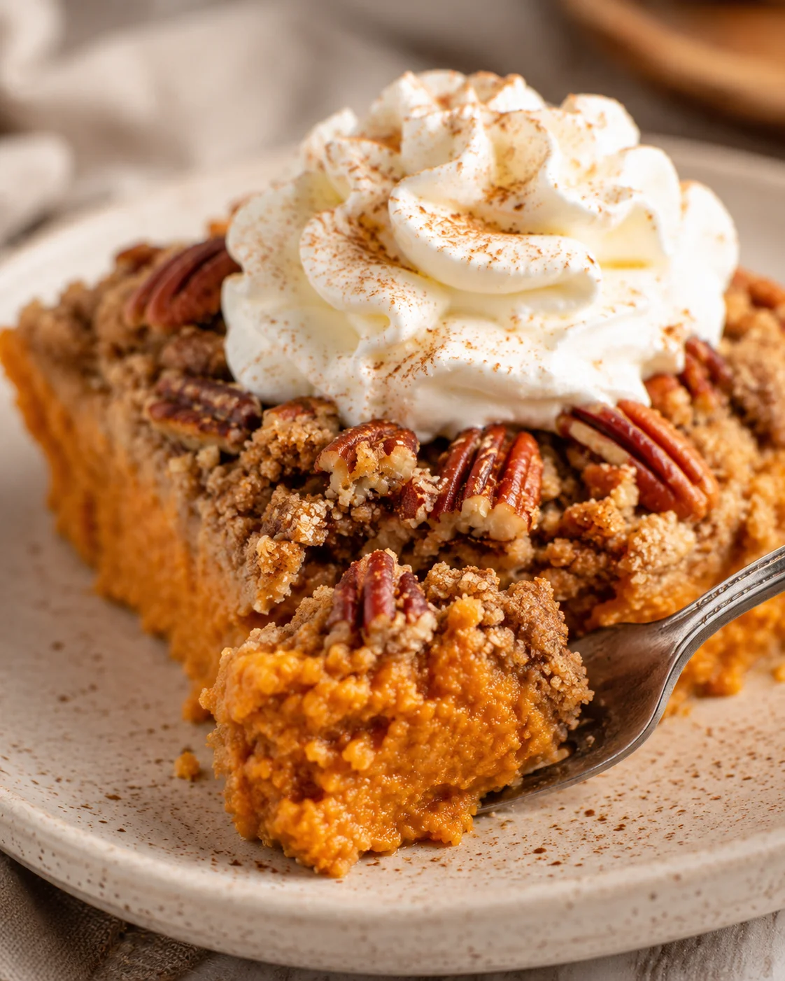 A slice of pumpkin pecan dump cake topped with whipped cream and pecans.