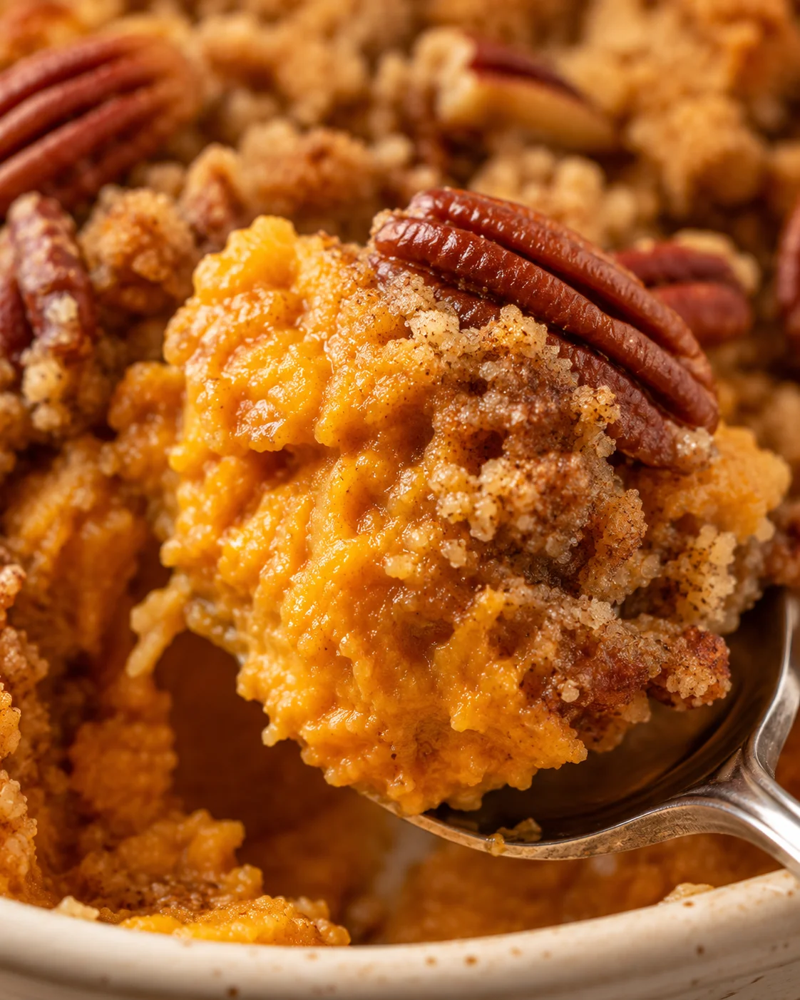 Close-up of a slice of pumpkin pecan dump cake with pecans and warm caramelized filling
