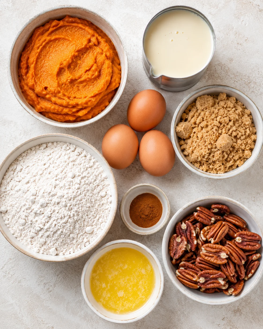 Assorted ingredients for pumpkin pecan dump cake, including pumpkin purée, pecans, eggs, and cake mix.
