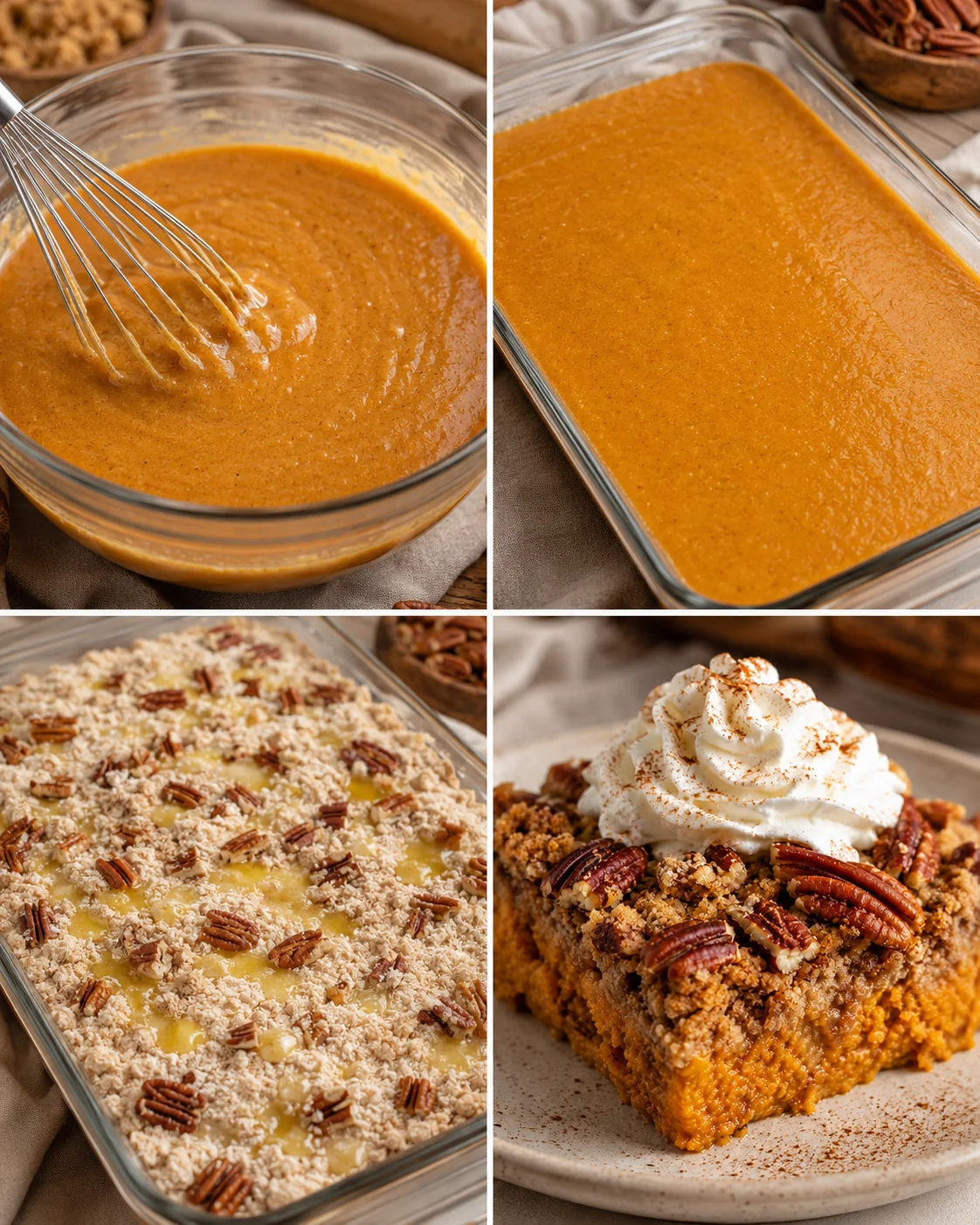 Delicious pumpkin pecan dump cake with whipped topping and pecans on top