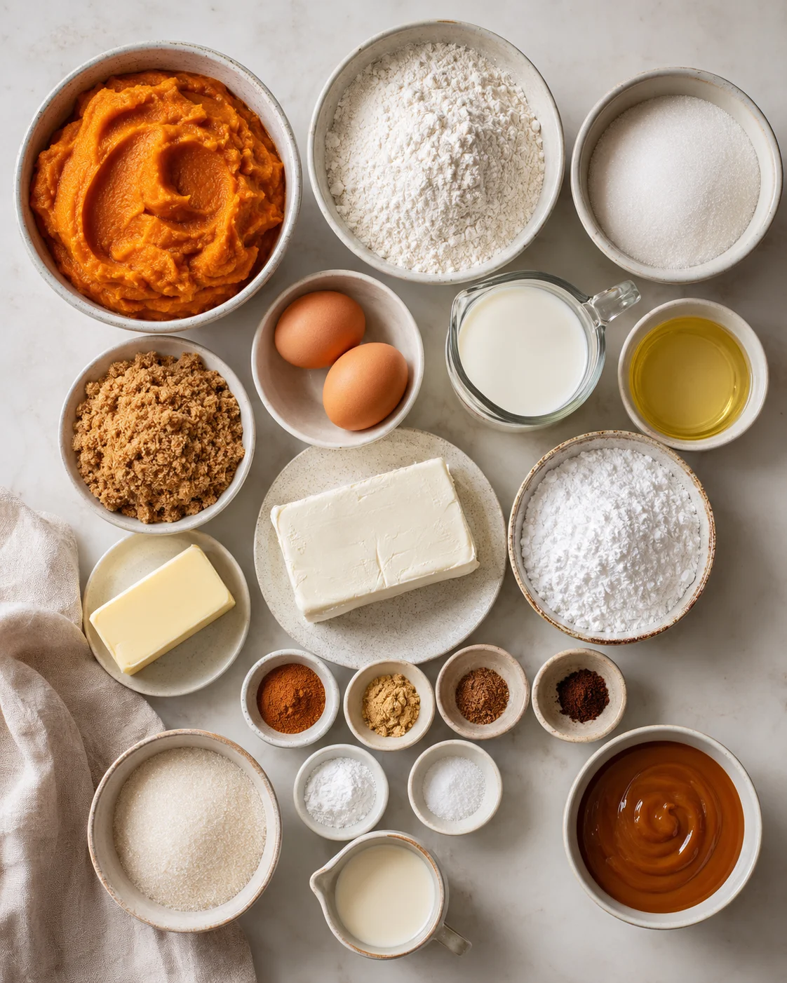 Bowl of pumpkin puree surrounded by baking ingredients for cupcakes and frosting.