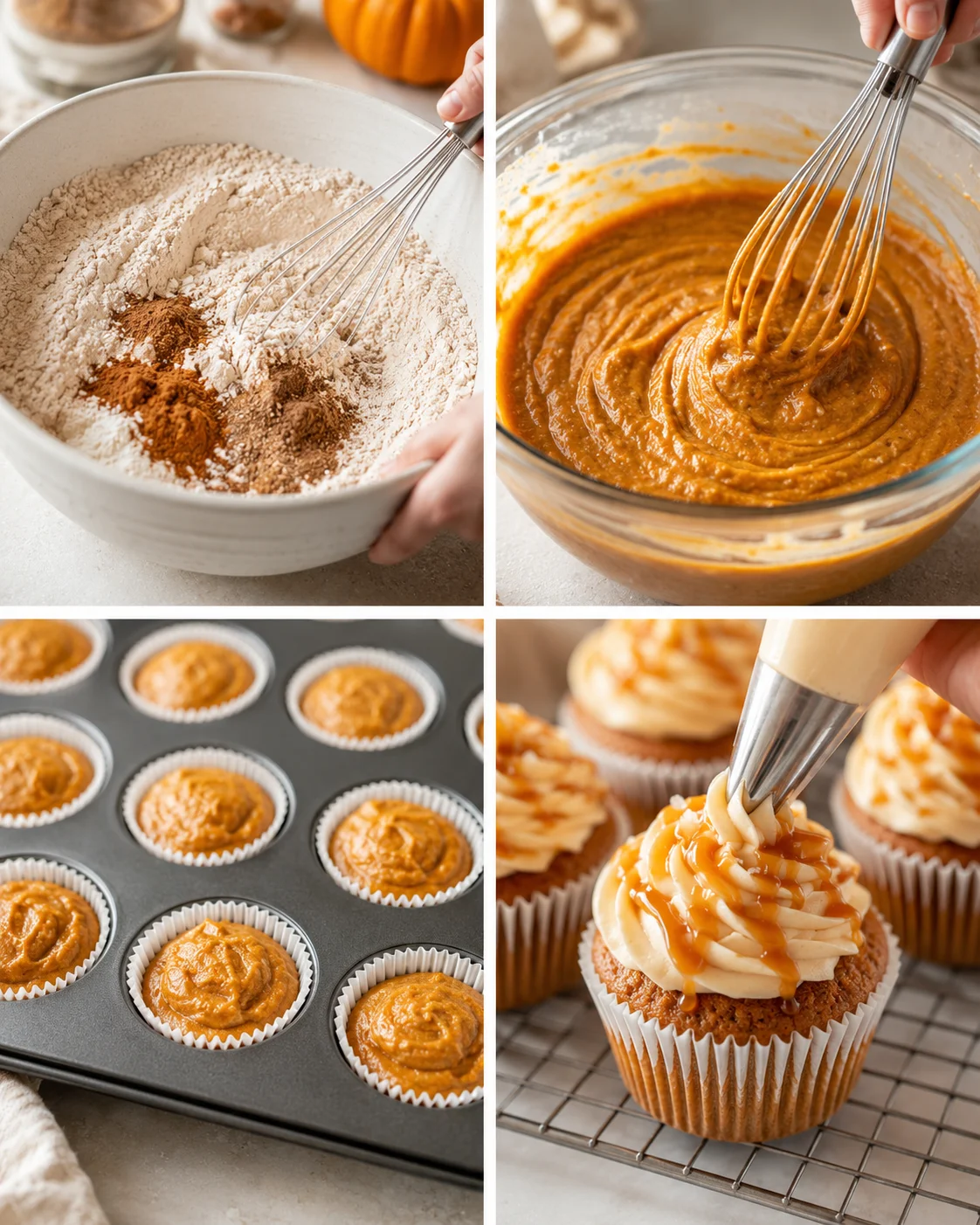 Step-by-step images of mixing, filling, and frosting pumpkin cupcakes with caramel