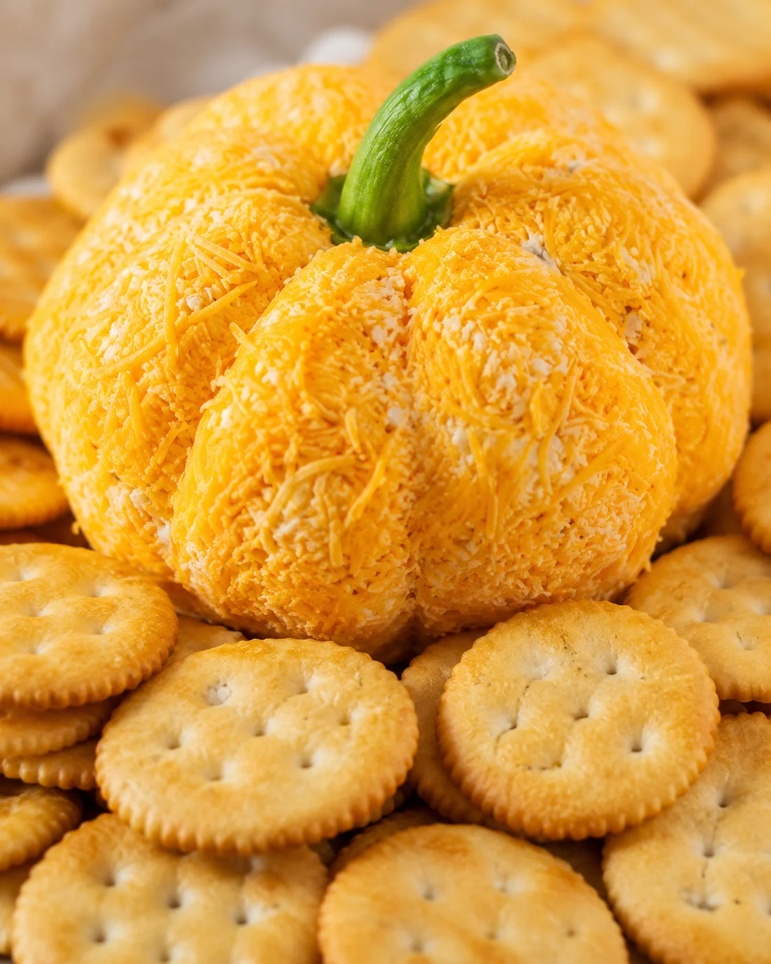 Creamy ranch and cheddar cheese shaped like a pumpkin, perfect for fall gatherings.