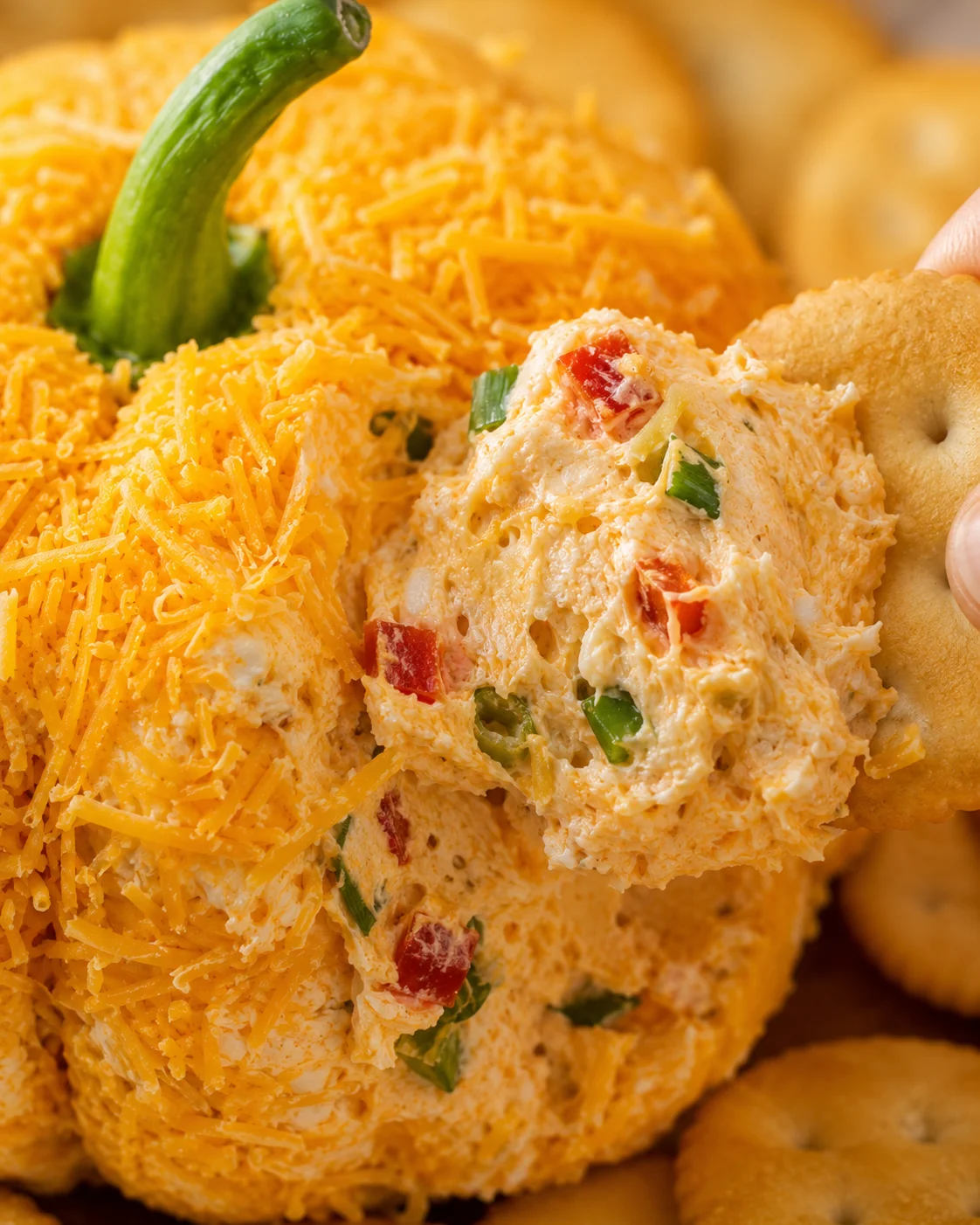 Close-up of a creamy, ranch-flavored cheeseball shaped like a pumpkin with shredded cheese and vegetables