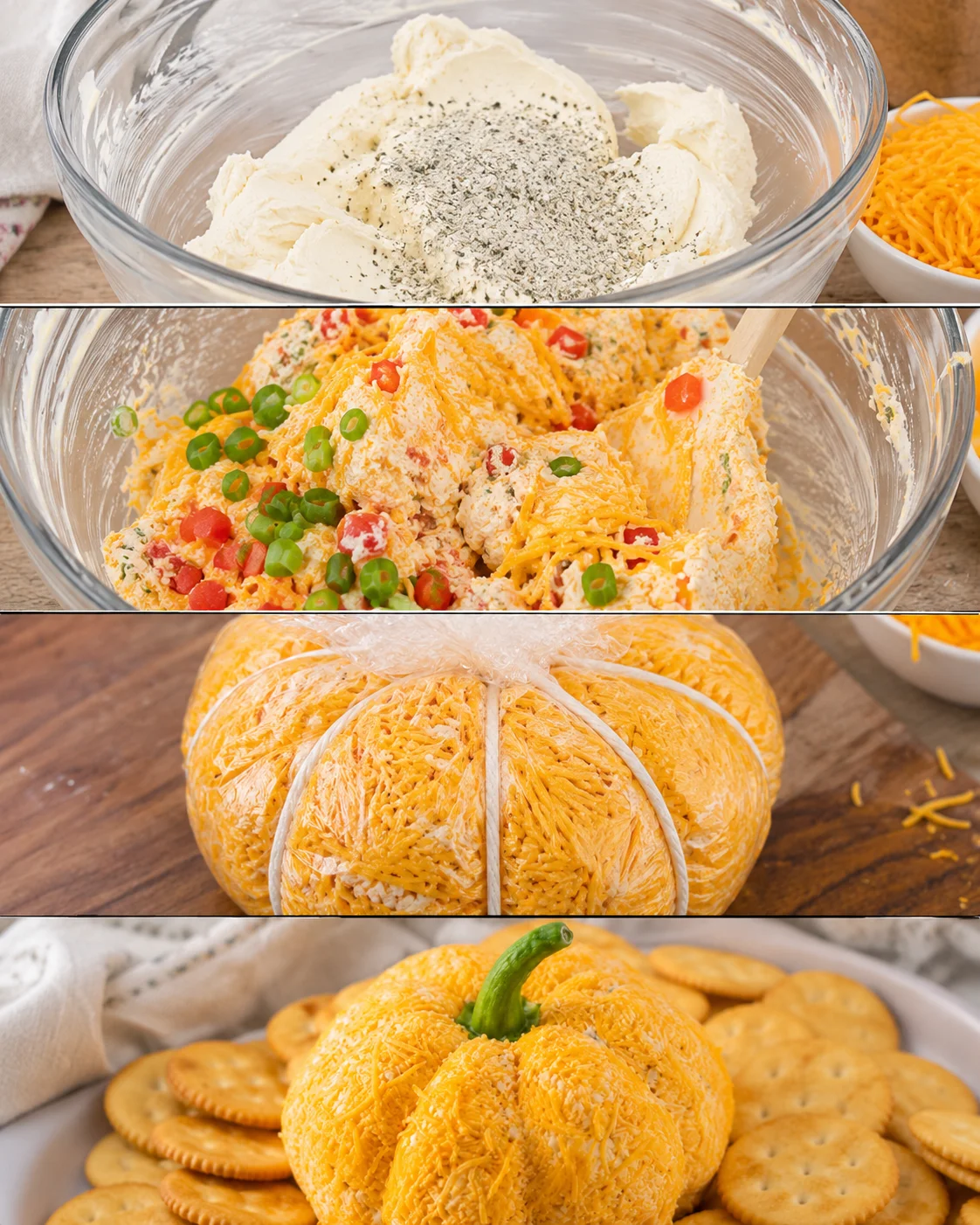 Decorative pumpkin-shaped cheeseball with cheddar cheese and ranch filling on a wooden table.