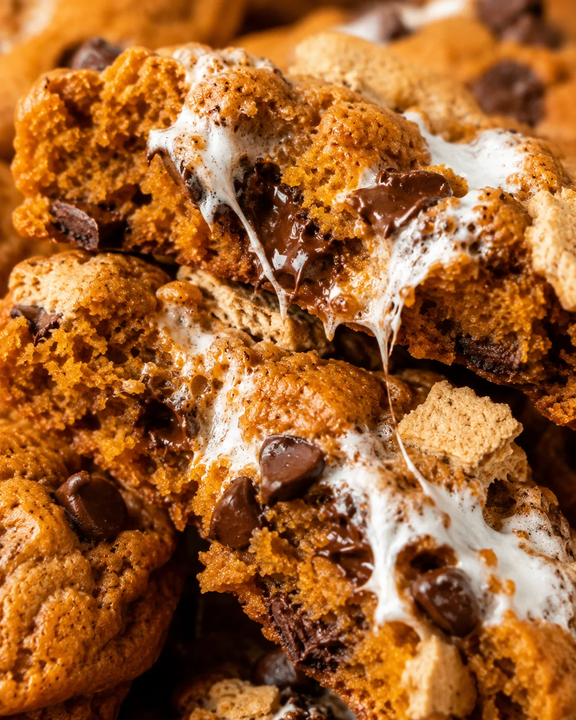 Close-up of soft, gooey pumpkin s'mores cookies with chocolate and marshmallow filling