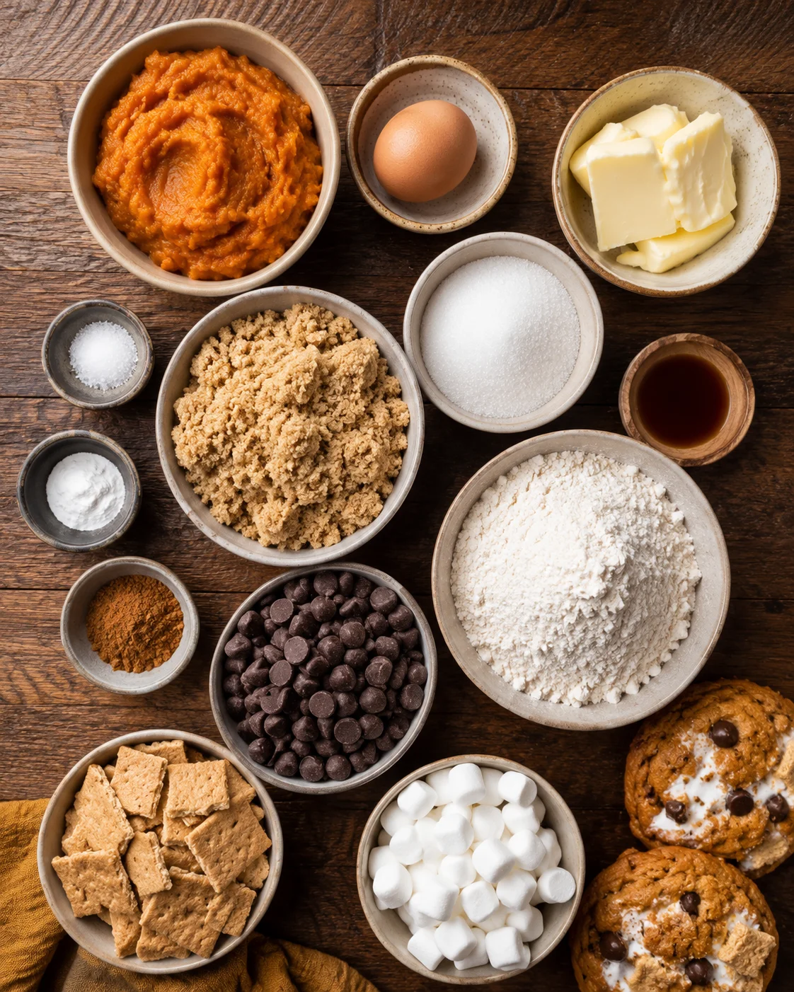 Ingredients for pumpkin s’mores cookies including pumpkin puree, chocolate, and marshmallows.
