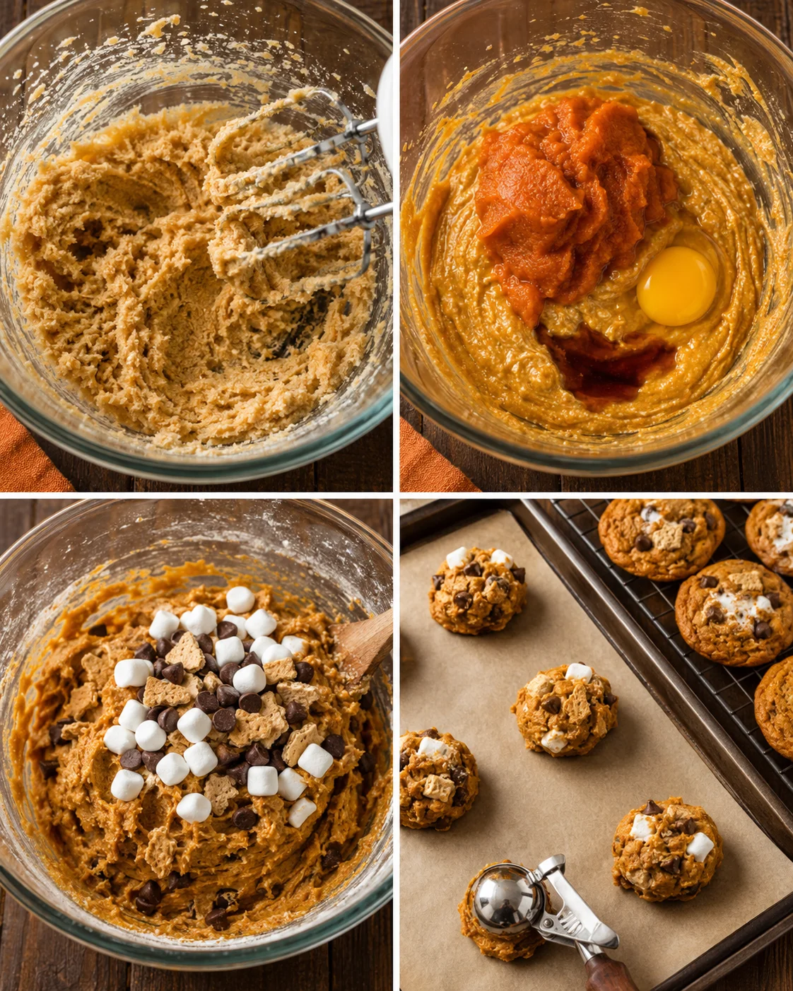 Steps to make delicious pumpkin s'mores cookies with marshmallows and chocolate chunks.