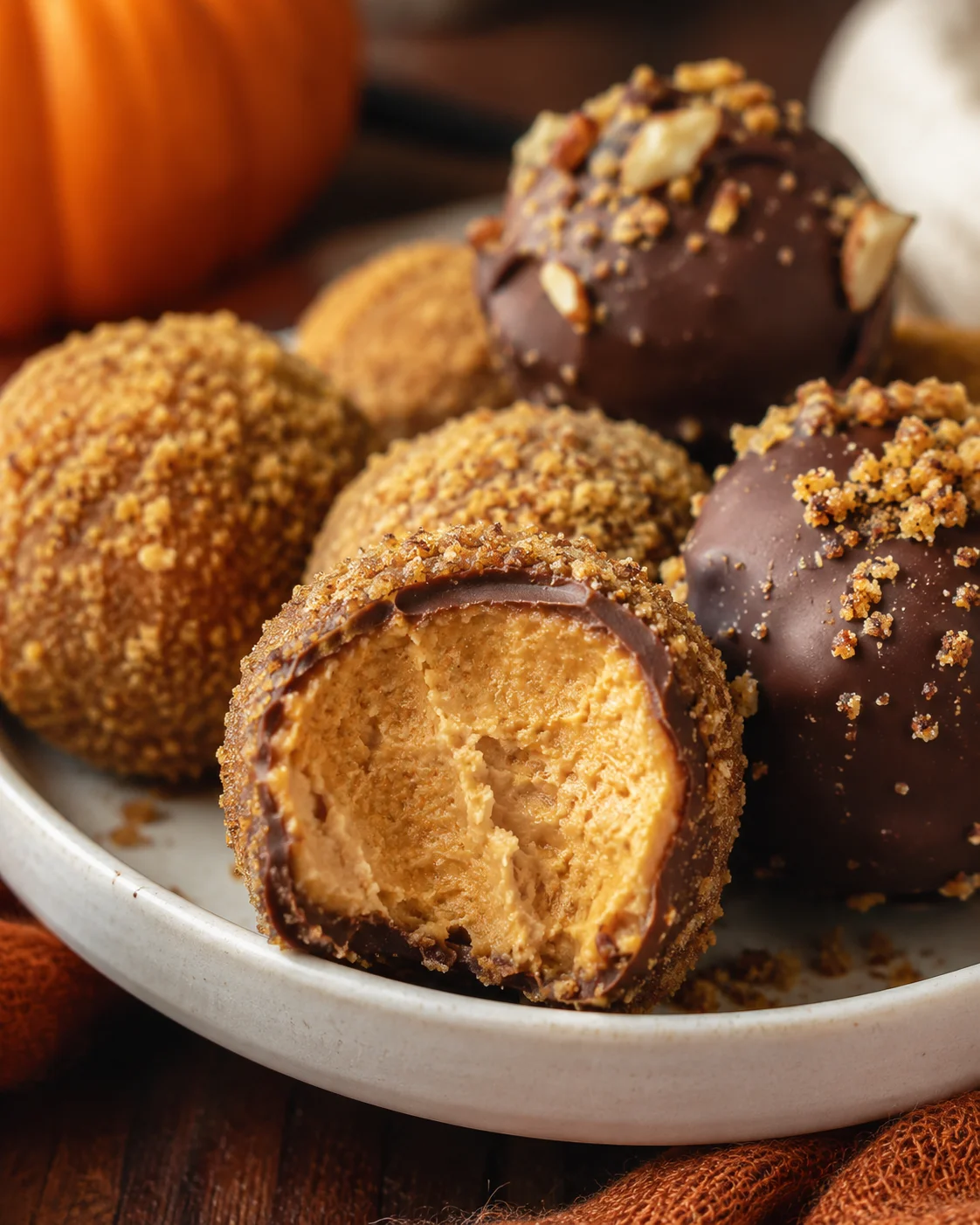 Delicious pumpkin cheesecake balls coated in chocolate and nuts, perfect for fall treats.