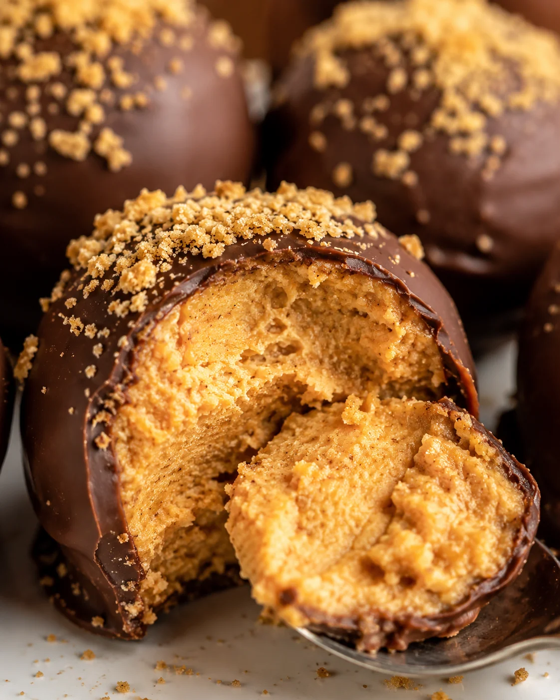 Close-up of creamy pumpkin cheesecake balls coated with chocolate and crushed graham crackers.