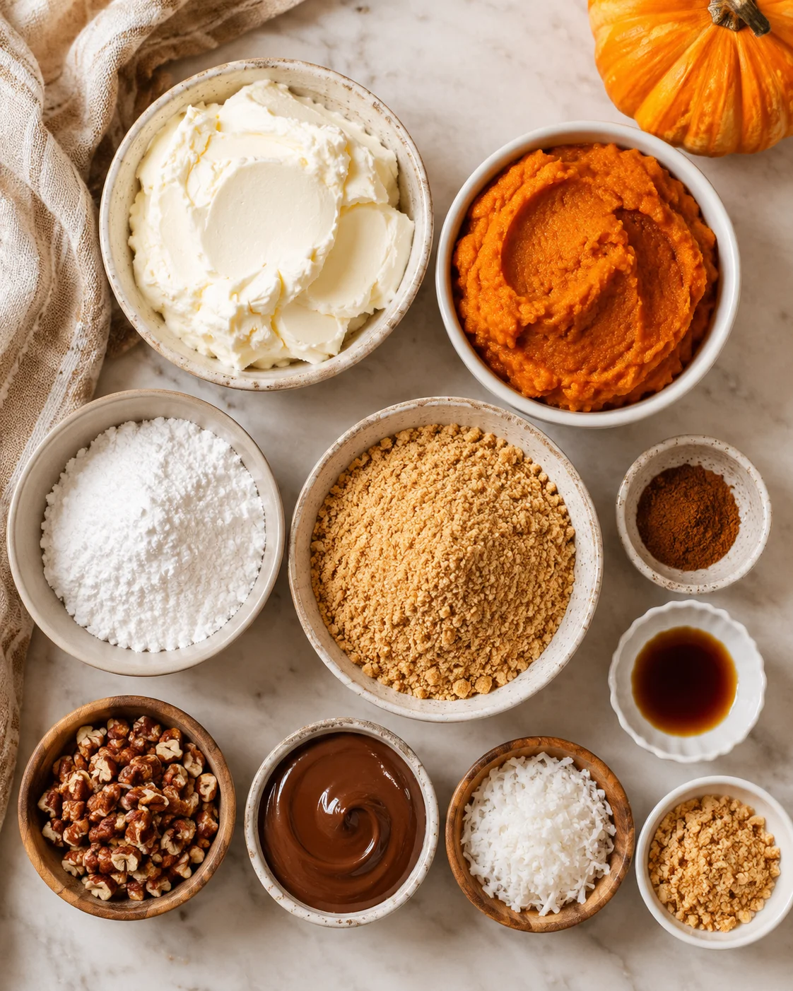 Cream cheese, pumpkin, and graham crackers prepared for the no-bake dessert.