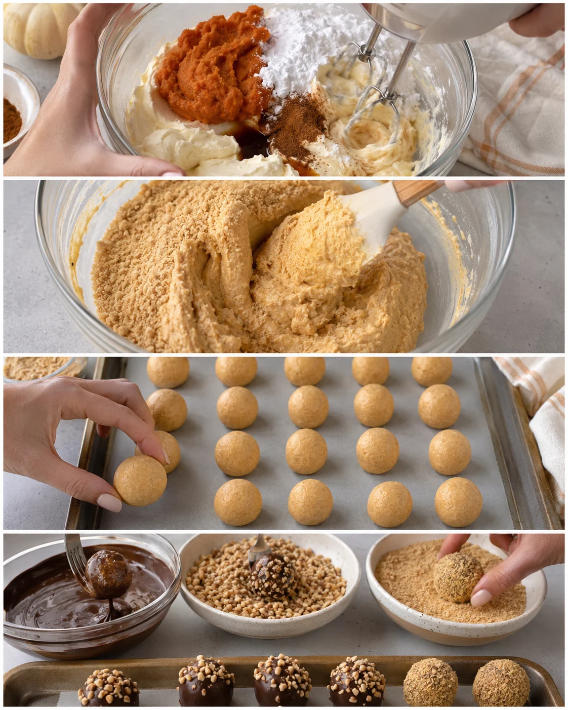 Cream cheese, pumpkin, and graham crackers mixed for no-bake pumpkin dessert.