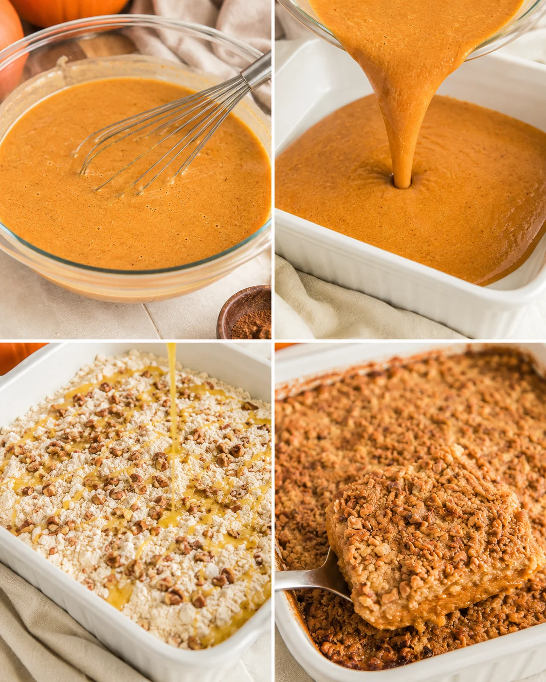 Creamy pumpkin filling topped with crumbly cake and nuts, dessert ready to serve.