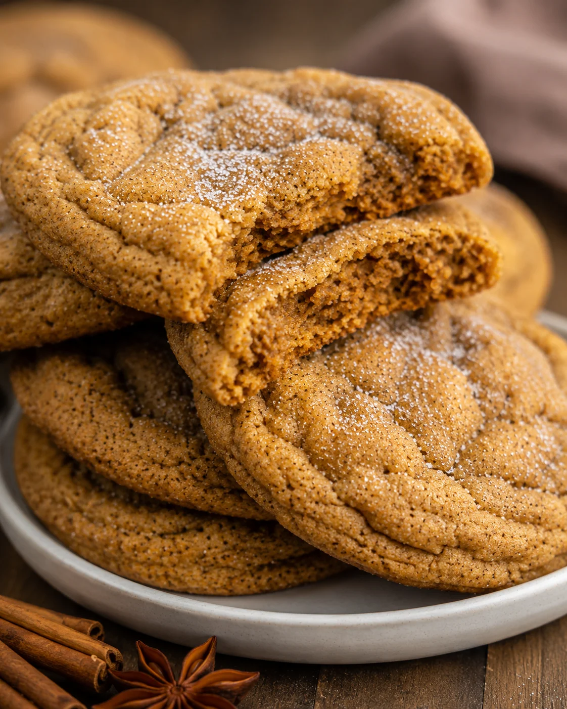 Stack of chewy pumpkin cookies topped with spiced sugar crust on a white plate.