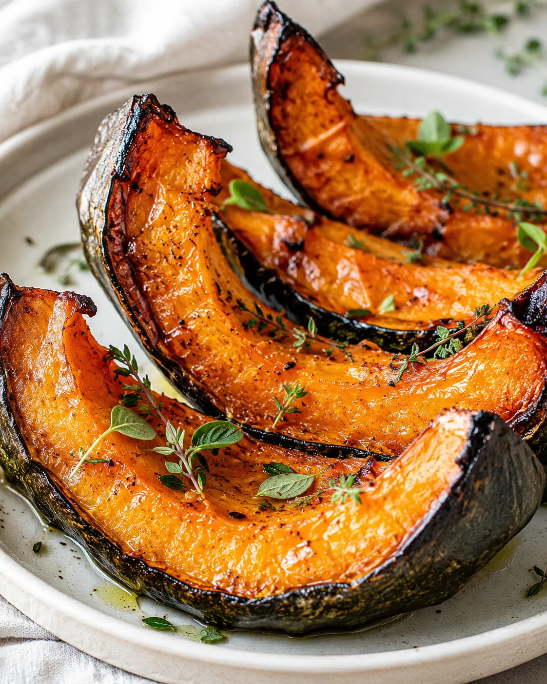 Close-up of glazed roasted pumpkin wedges garnished with fresh herbs on a plate.