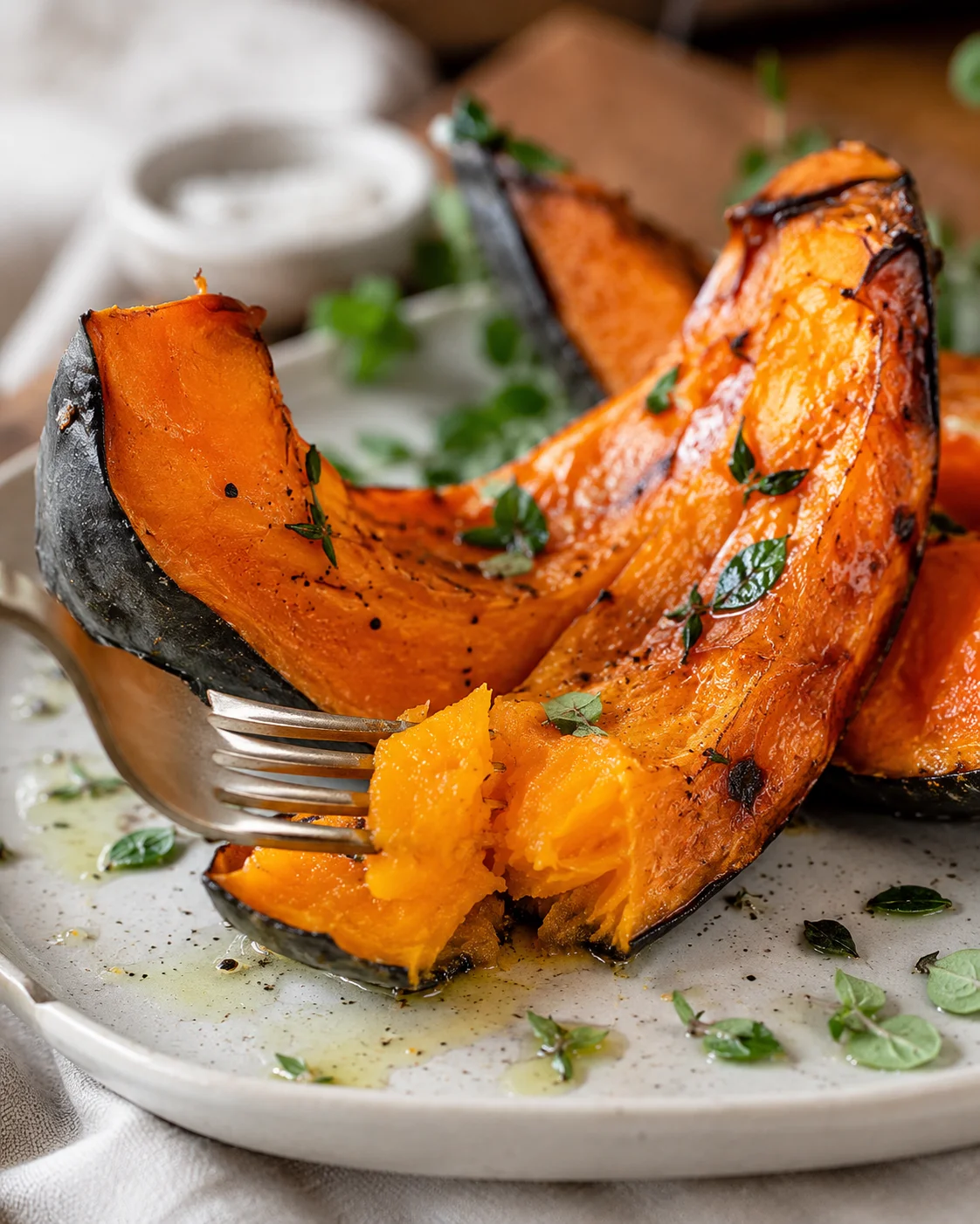 Thick slices of roasted pumpkin garnished with herbs and spices on a plate.