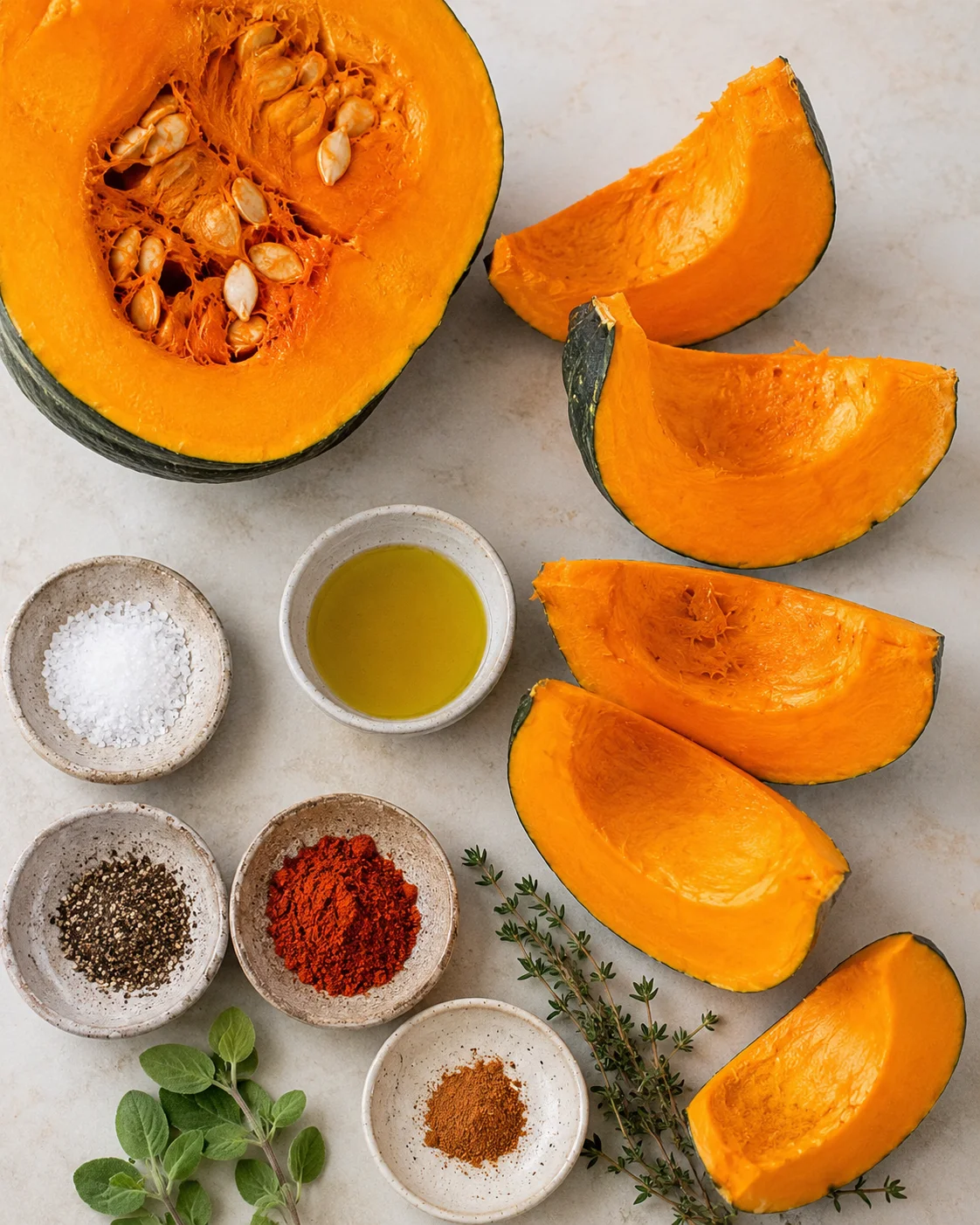 Thick wedges of roasted pumpkin sprinkled with herbs, spices, and optional cheese.