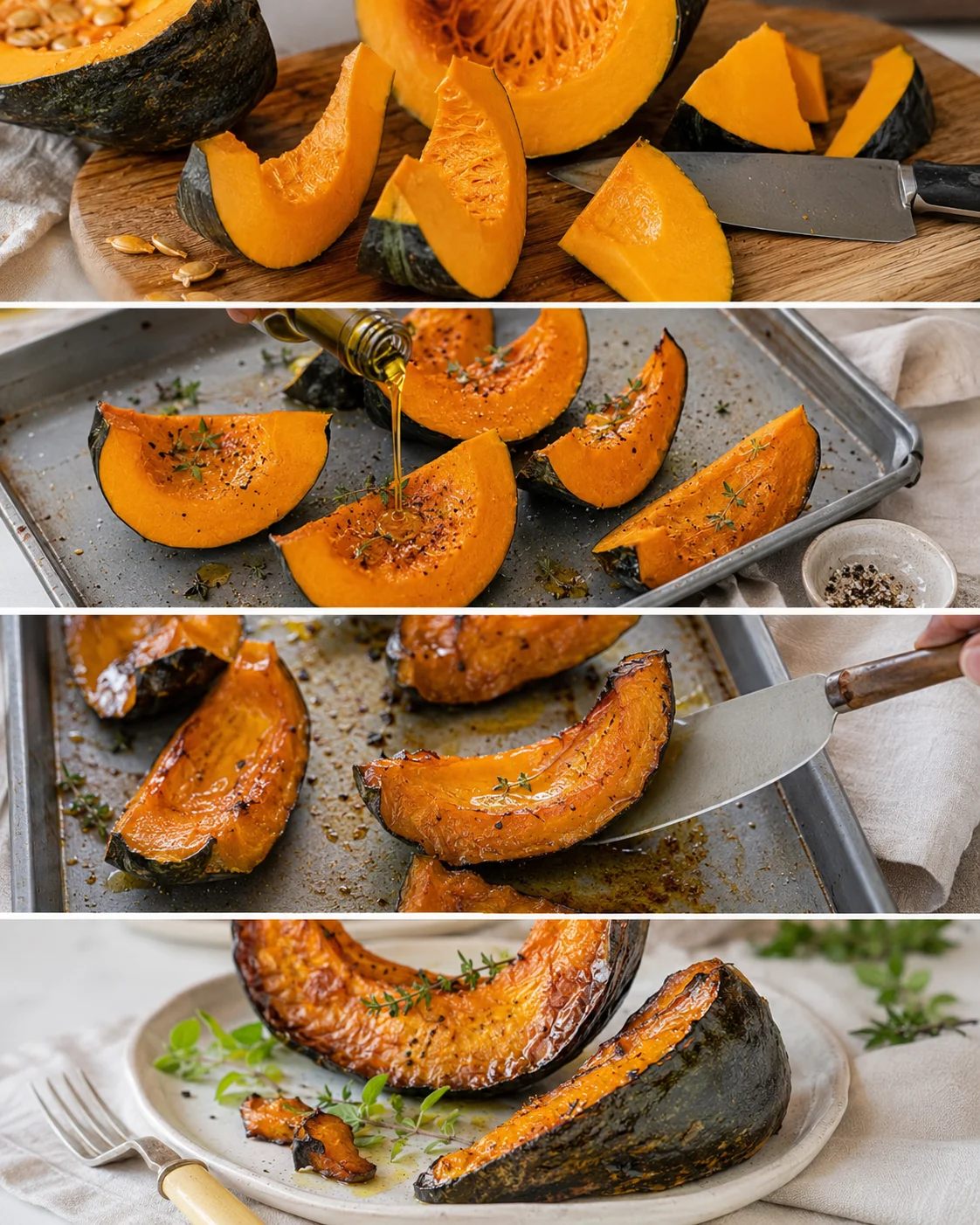 Thick wedges of roasted pumpkin seasoned with herbs and spices, served on a plate.