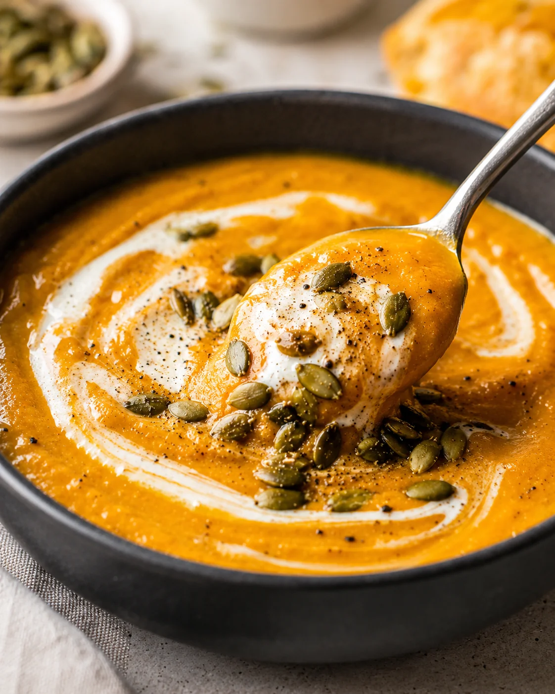 Warm, comforting pumpkin soup garnished with toasted pepitas and coconut milk.