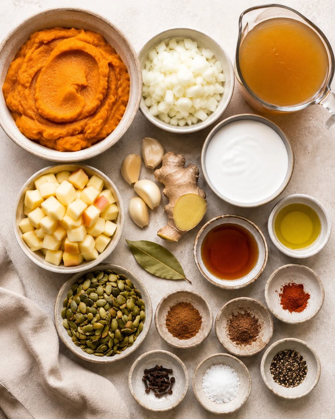 Assorted ingredients for easy pumpkin soup including pumpkin puree, onion, garlic, ginger, and spices.