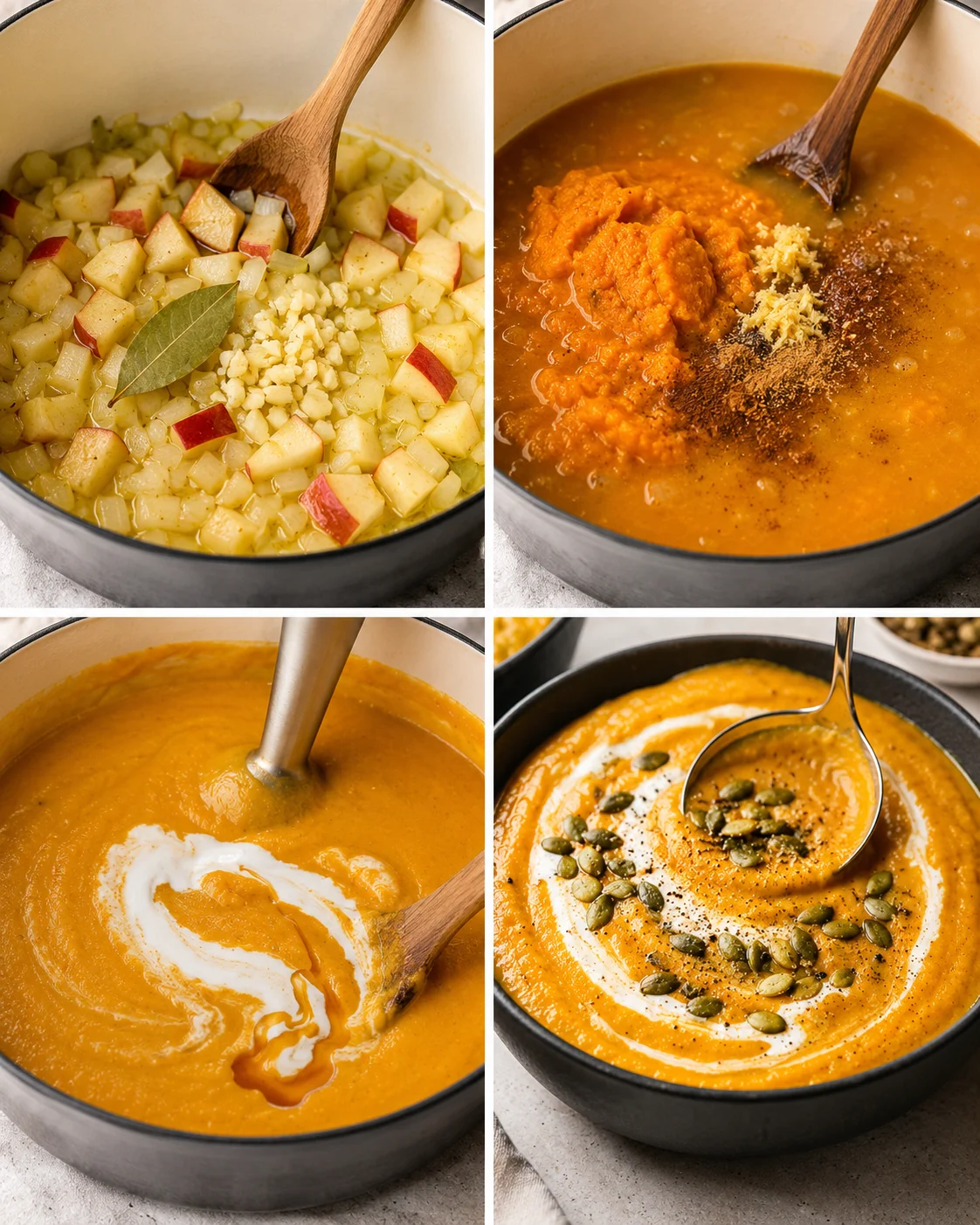 Delicious creamy pumpkin soup garnished with toasted pepitas and swirl of coconut milk