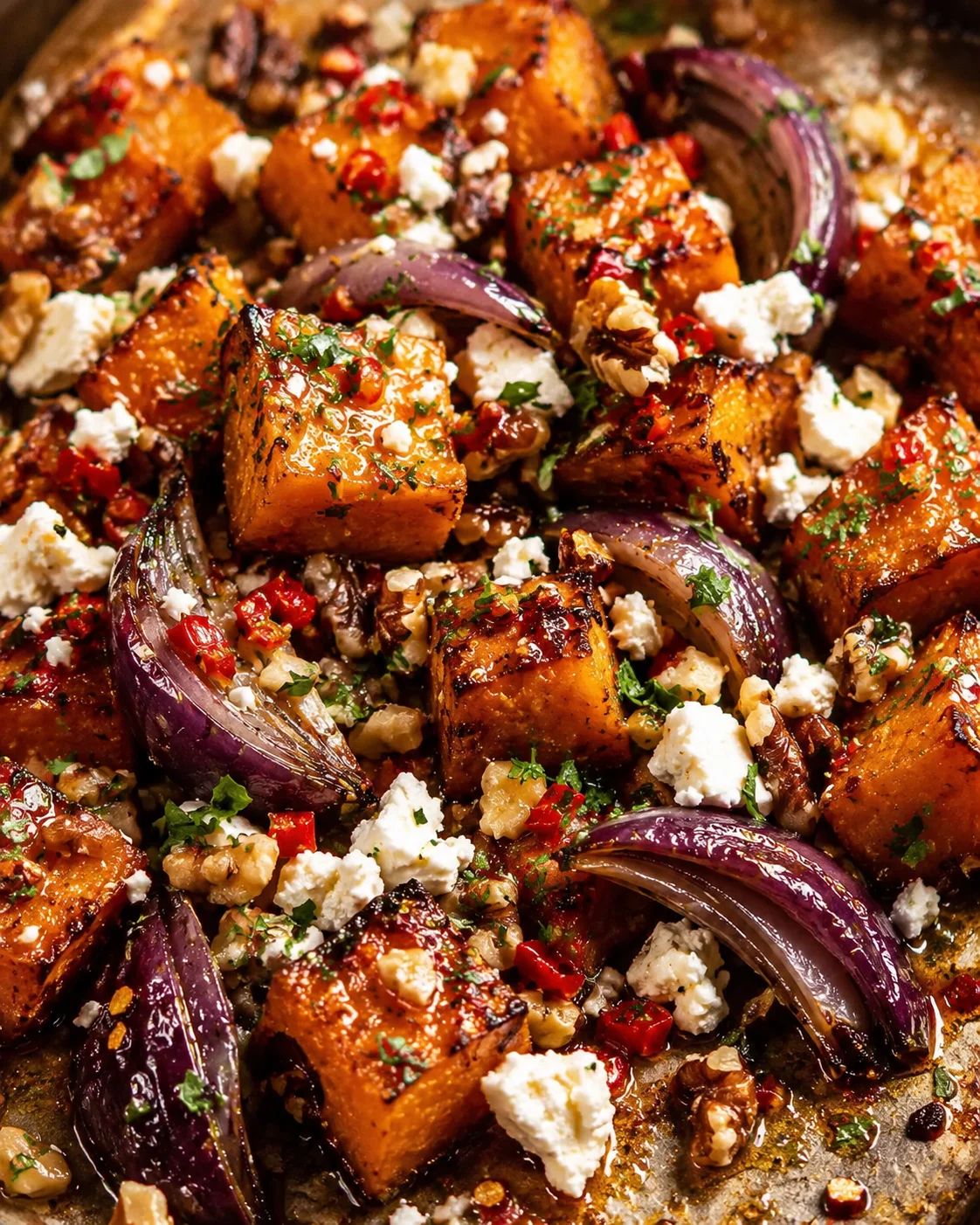 Delicious maple roasted pumpkin with chili, feta, walnuts, and caramelized edges.