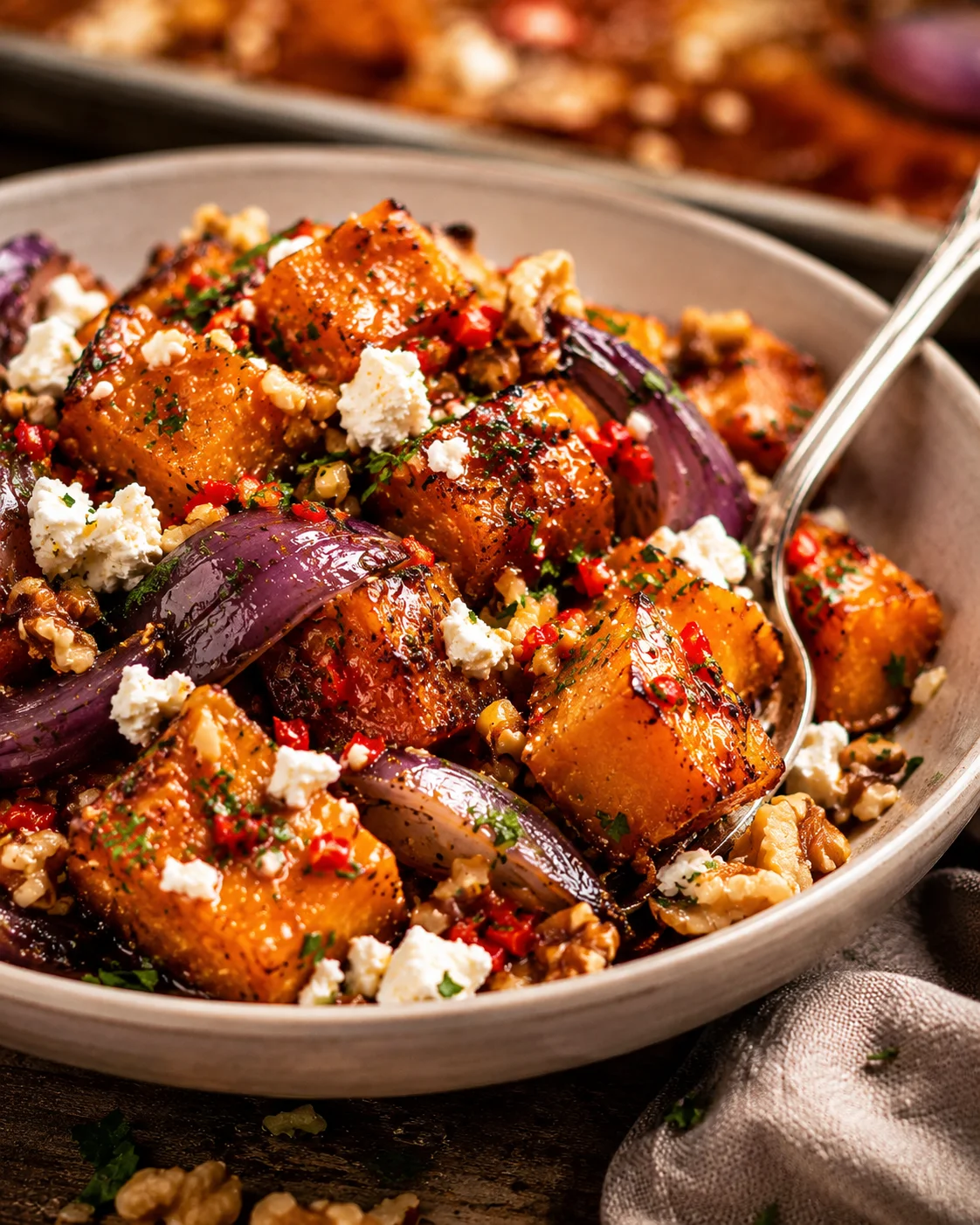 Colorful roasted pumpkin with chili, feta, and walnuts in a bowl