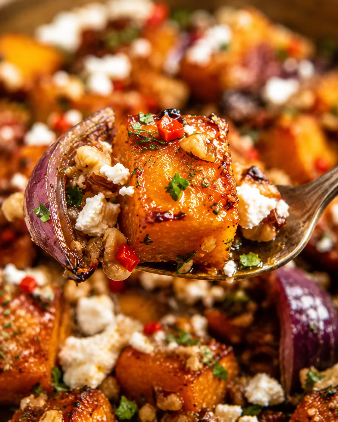 Close-up of roasted pumpkin with feta, chili, and walnuts on a spoon