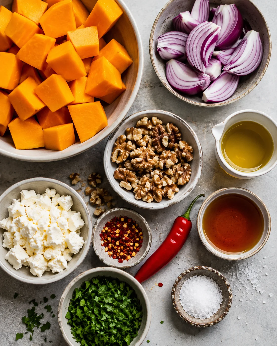 Bowl of roasted pumpkin with chili, feta, walnuts, and maple syrup ingredients arranged on a table