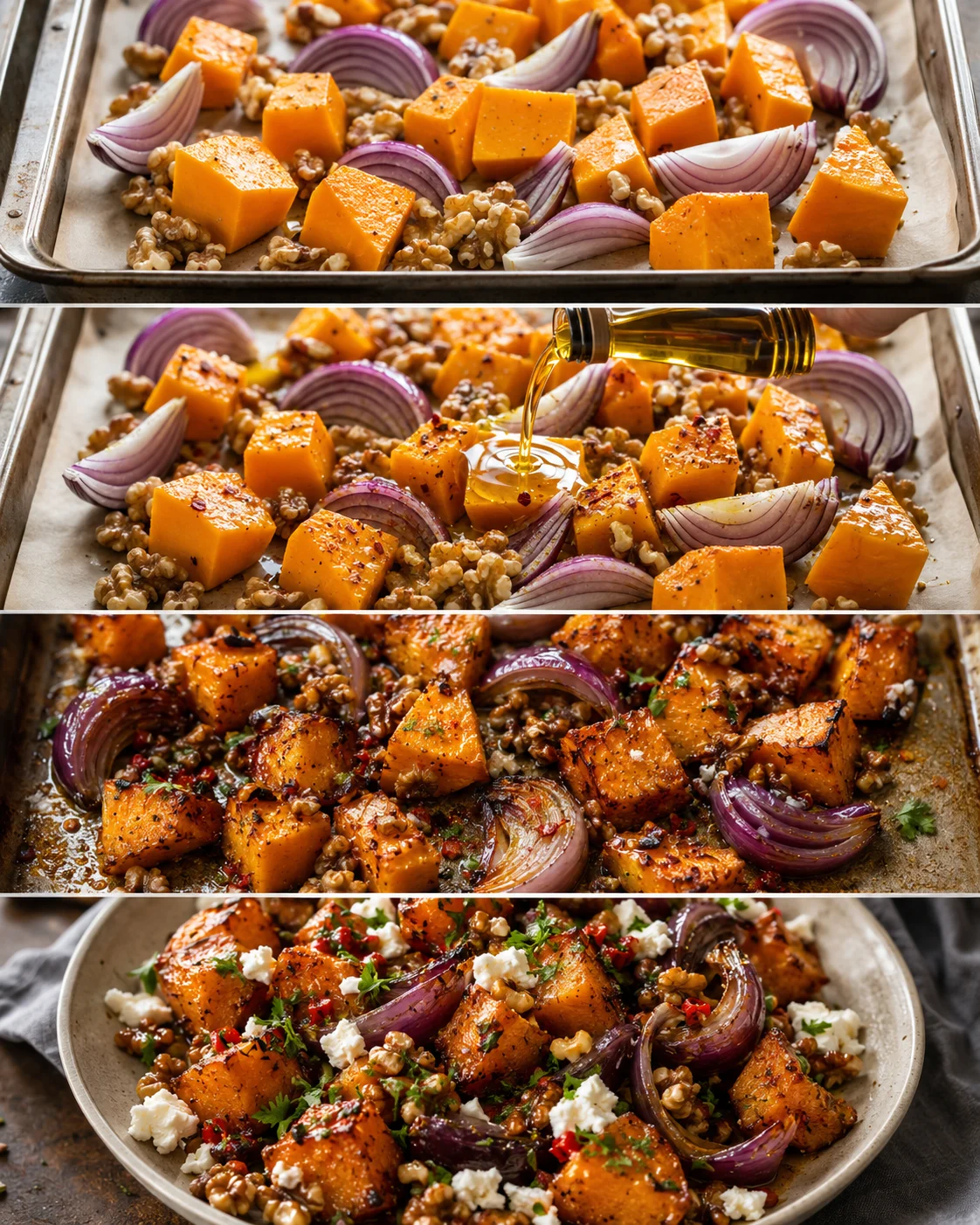 Step-by-step process showing roasting, glazing, and serving roasted pumpkin with toppings.