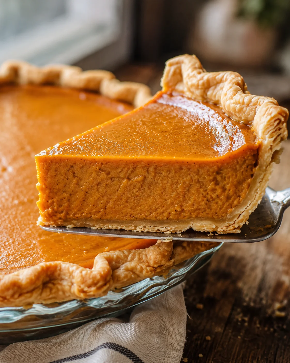 Close-up of a freshly baked homemade pumpkin pie with a flaky crust