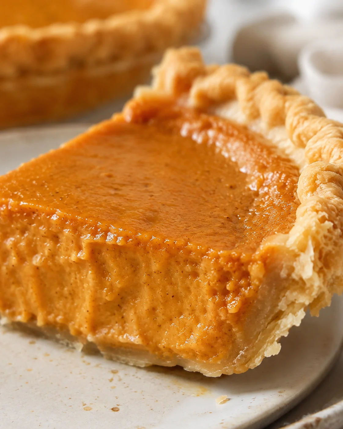 Delicious homemade pumpkin pie with flaky crust and creamy filling on a plate.