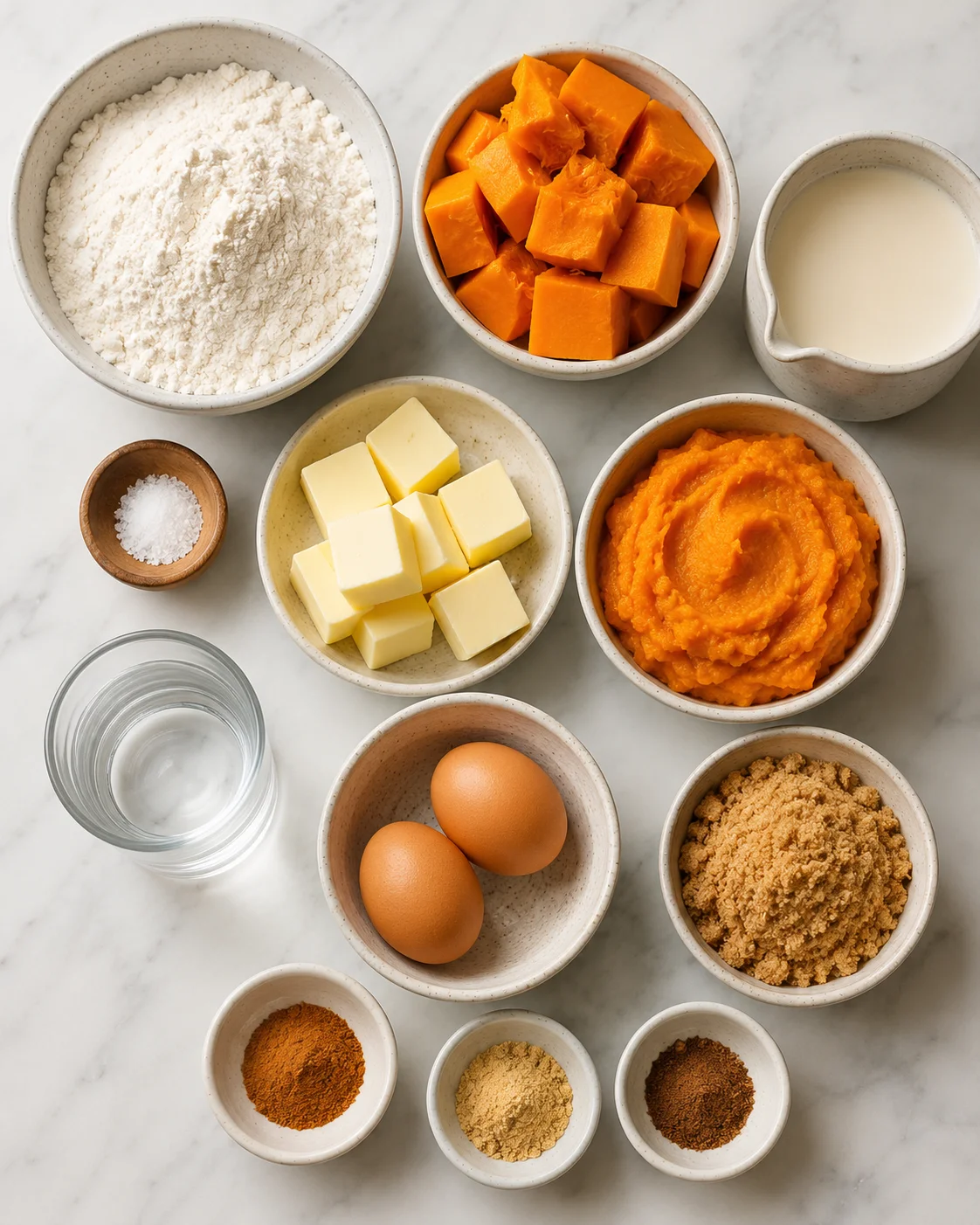 Fresh pumpkin, butter, flour, spices, and eggs ready for pie-making.