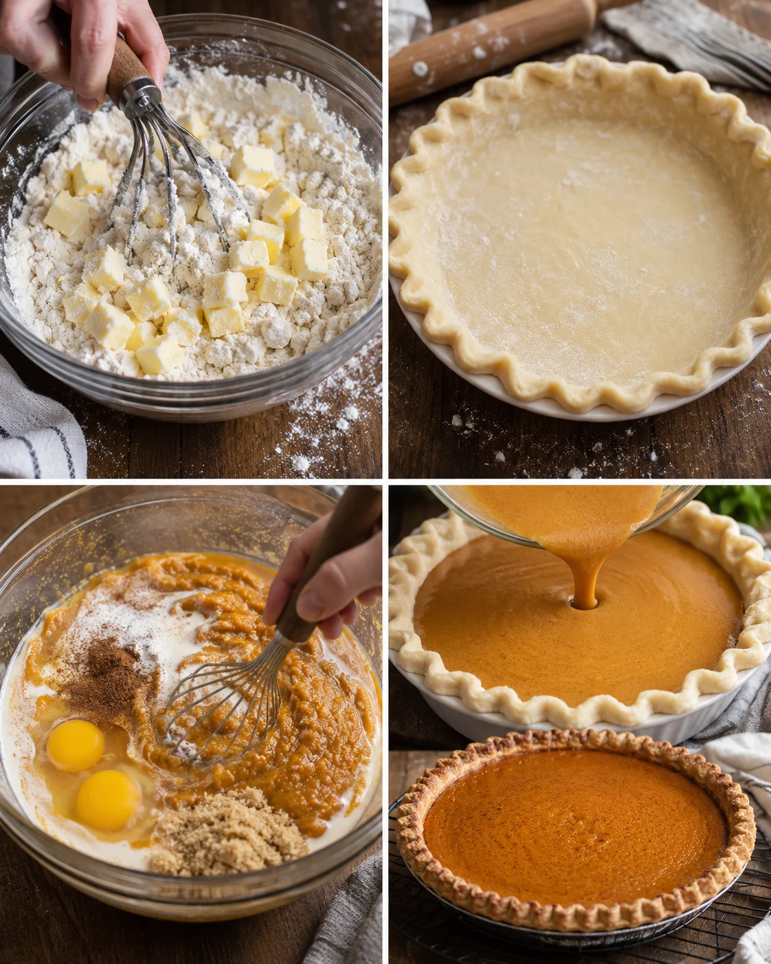 Steps for preparing fresh pumpkin pie with crust, filling, and baked dessert.