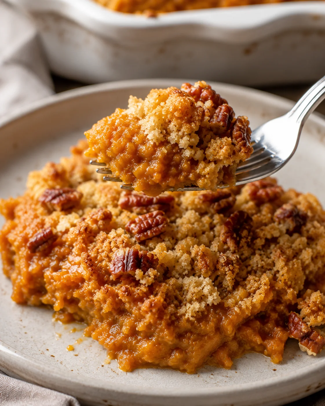 A fork lifting a piece of moist pumpkin dump cake topped with nuts and crunchy crumble.