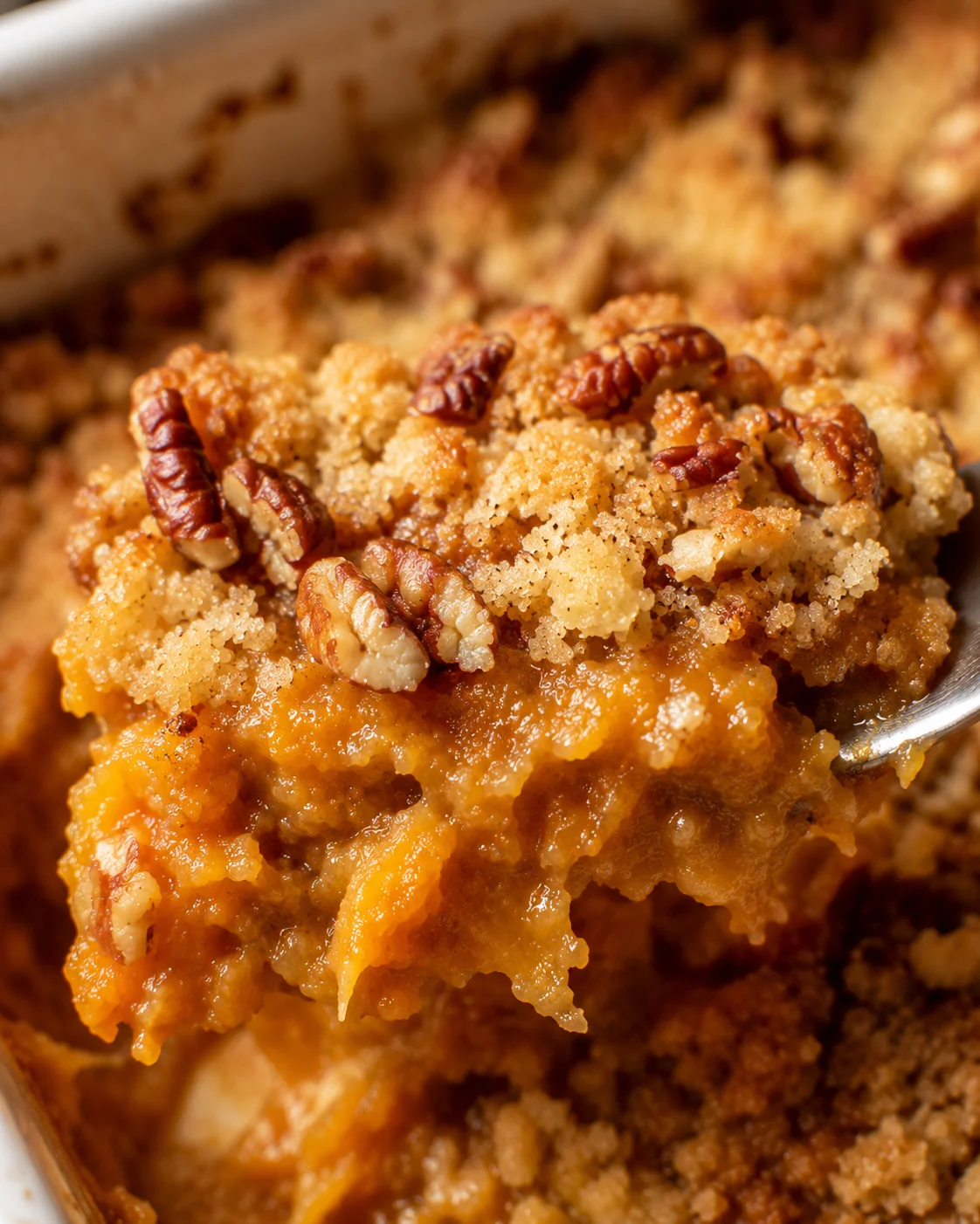 Close-up of a spoonful showing moist pumpkin filling topped with crunchy pecans.
