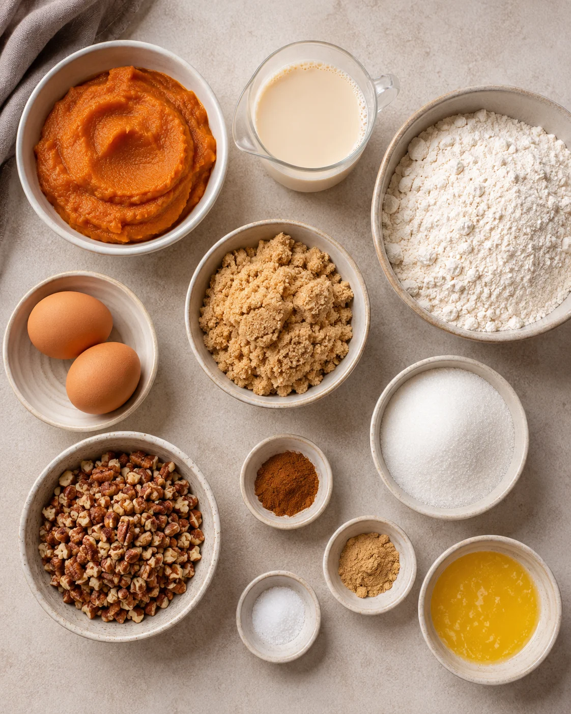 Assorted ingredients for pumpkin dump cake laid out on a light surface.