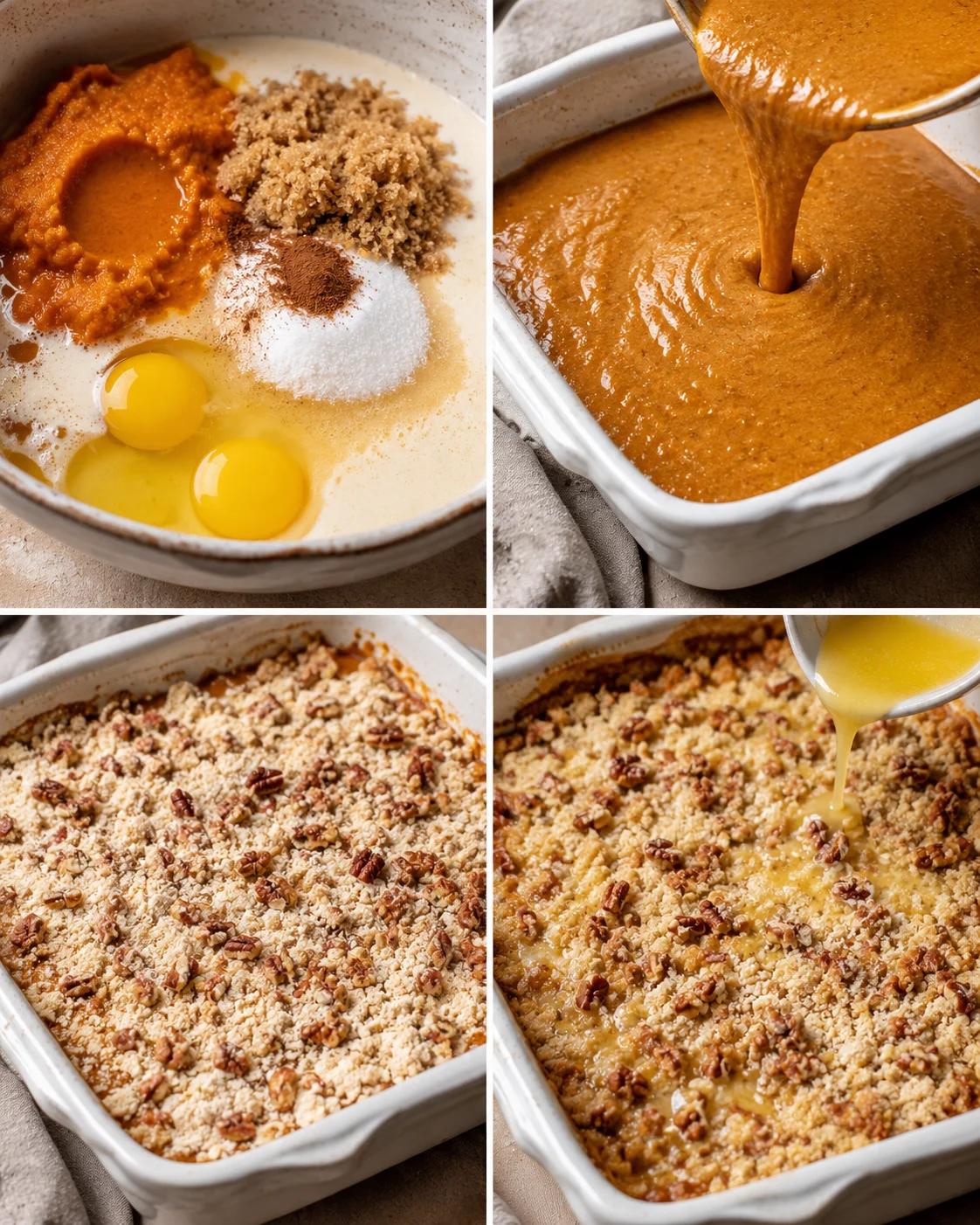 Steps to prepare moist pumpkin dump cake with crunchy topping in a baking dish.