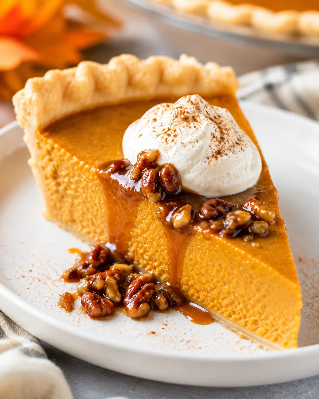 Creamy pumpkin pie topped with whipped cream and caramelized pecans on a white plate