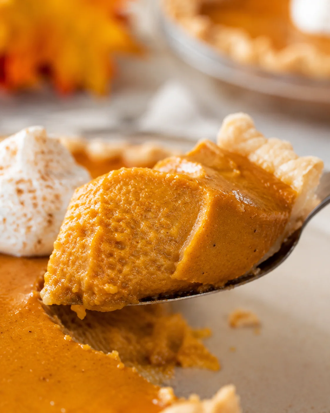 Slice of creamy pumpkin pie with caramel pecan topping on a plate