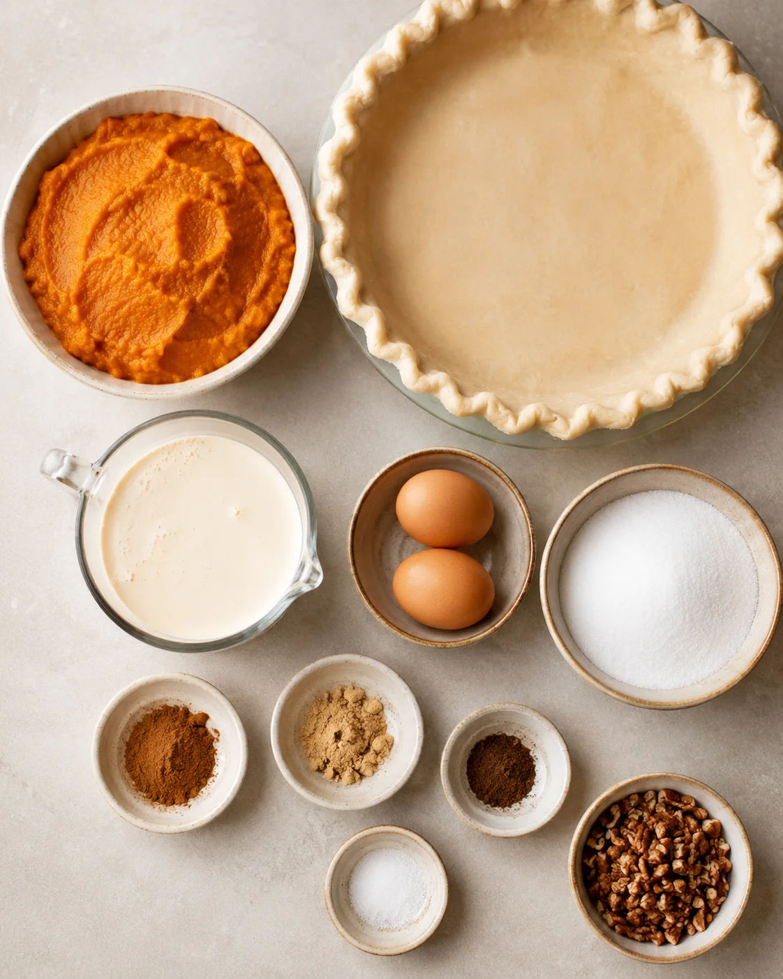 Ingredients for creamy pumpkin pie with pecan topping, including pumpkin, eggs, spices, and crust.