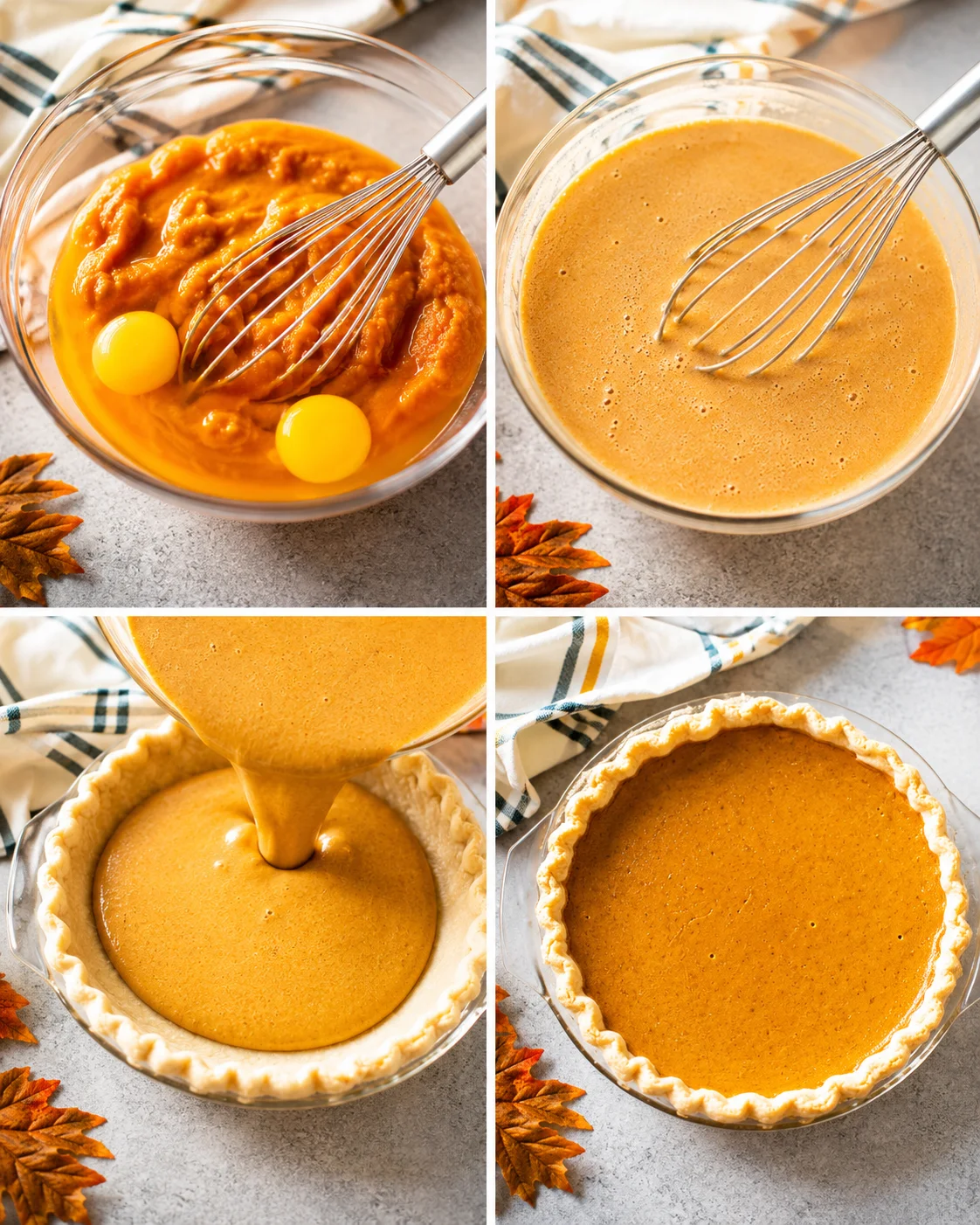 Step-by-step images of mixing pumpkin pie ingredients and filling the crust