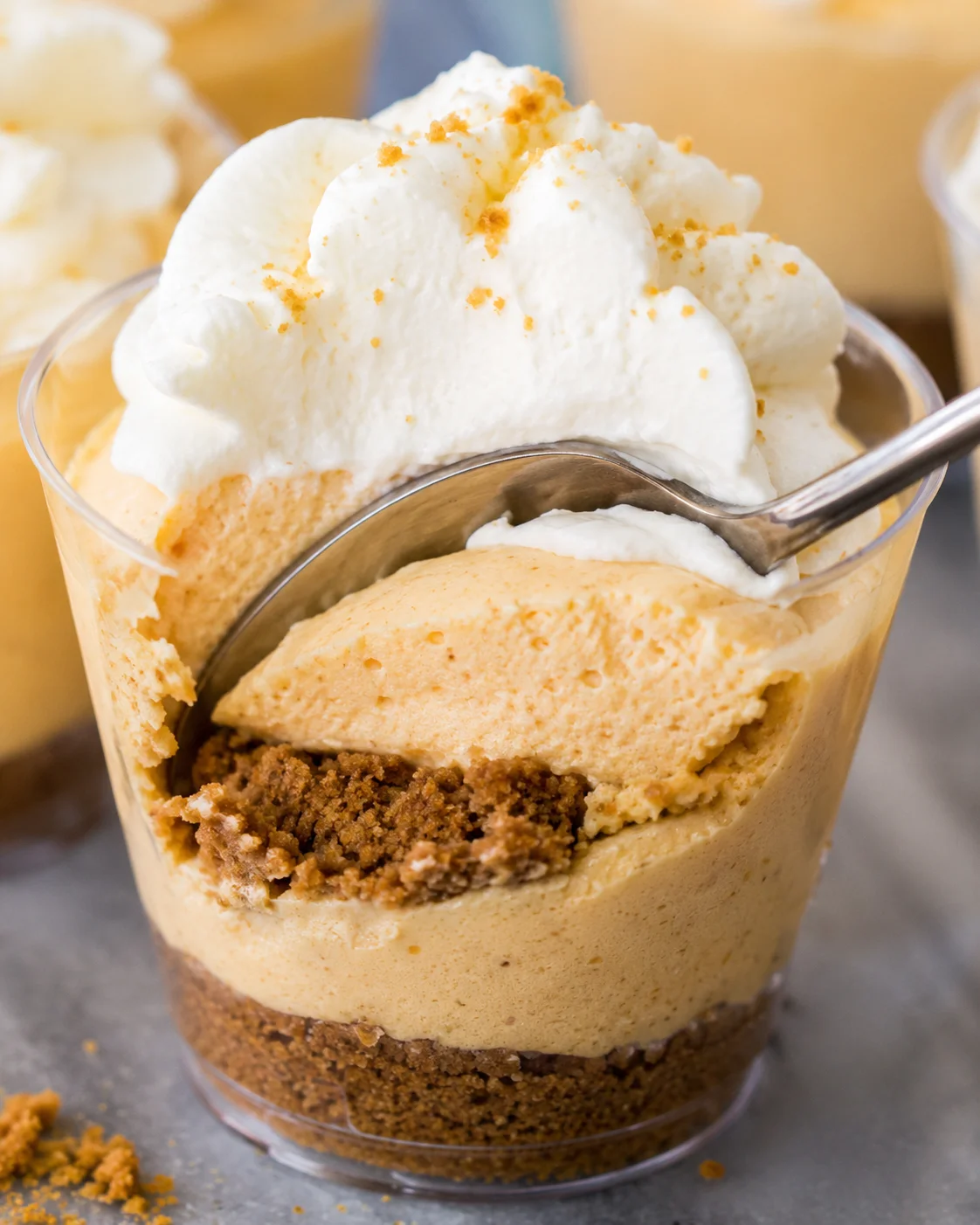 Close-up of no-bake pumpkin pie cheesecakes topped with whipped cream