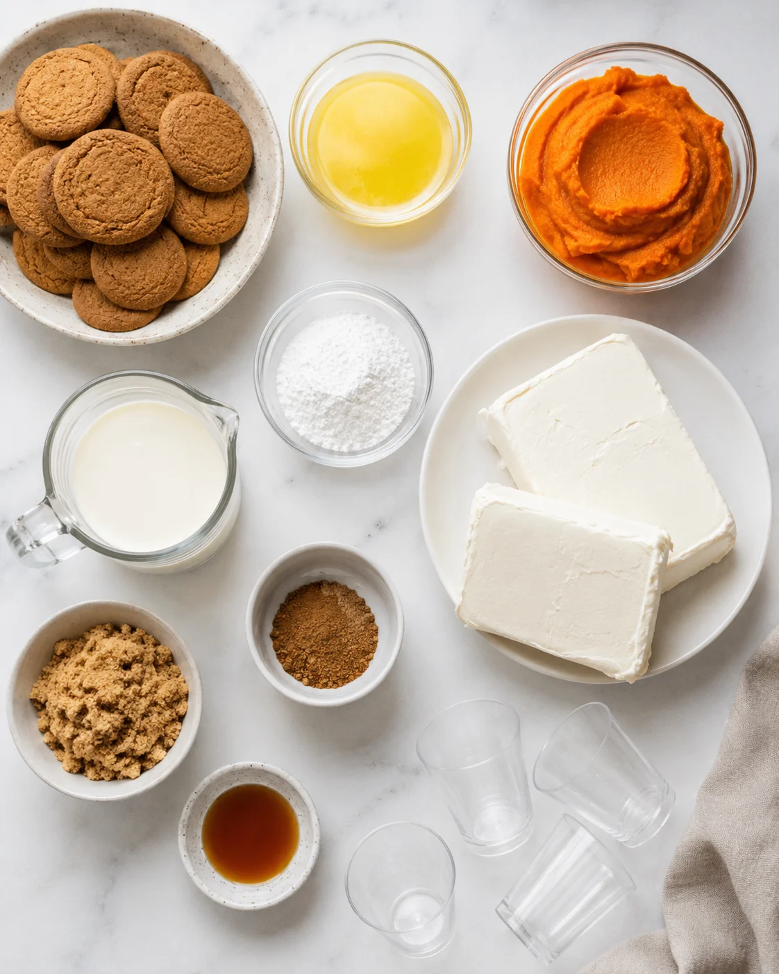 Ingredients for no-bake mini pumpkin pie cheesecakes on a white surface