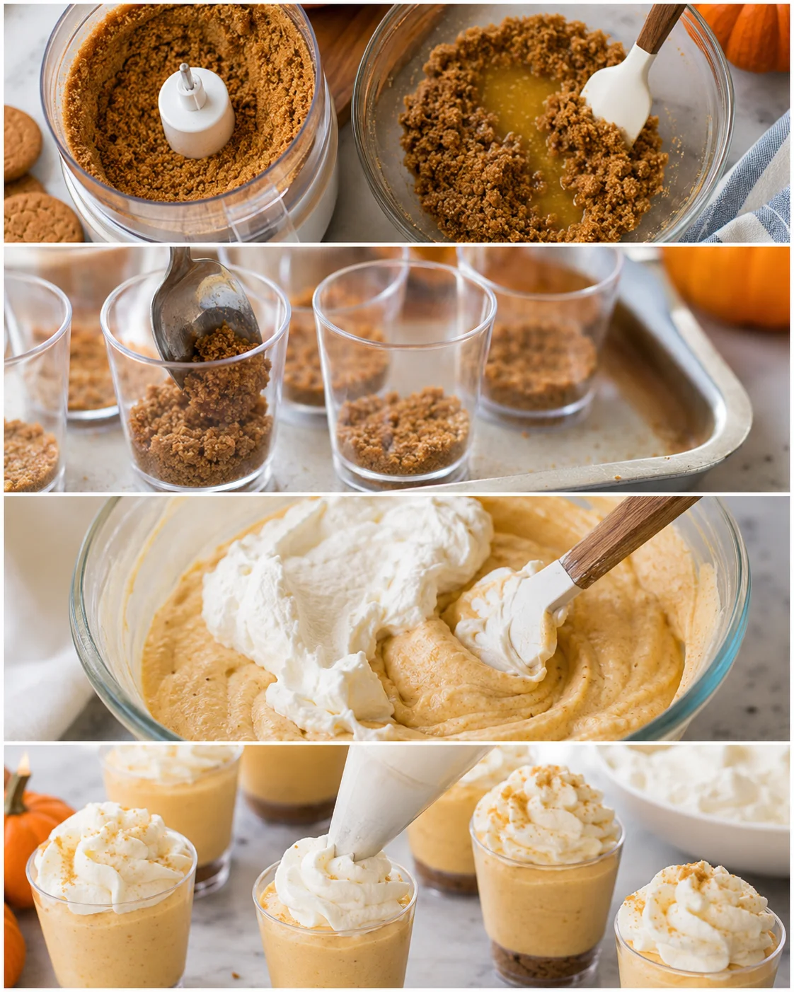 Step-by-step process of preparing no-bake pumpkin pie cheesecakes with crust and filling.