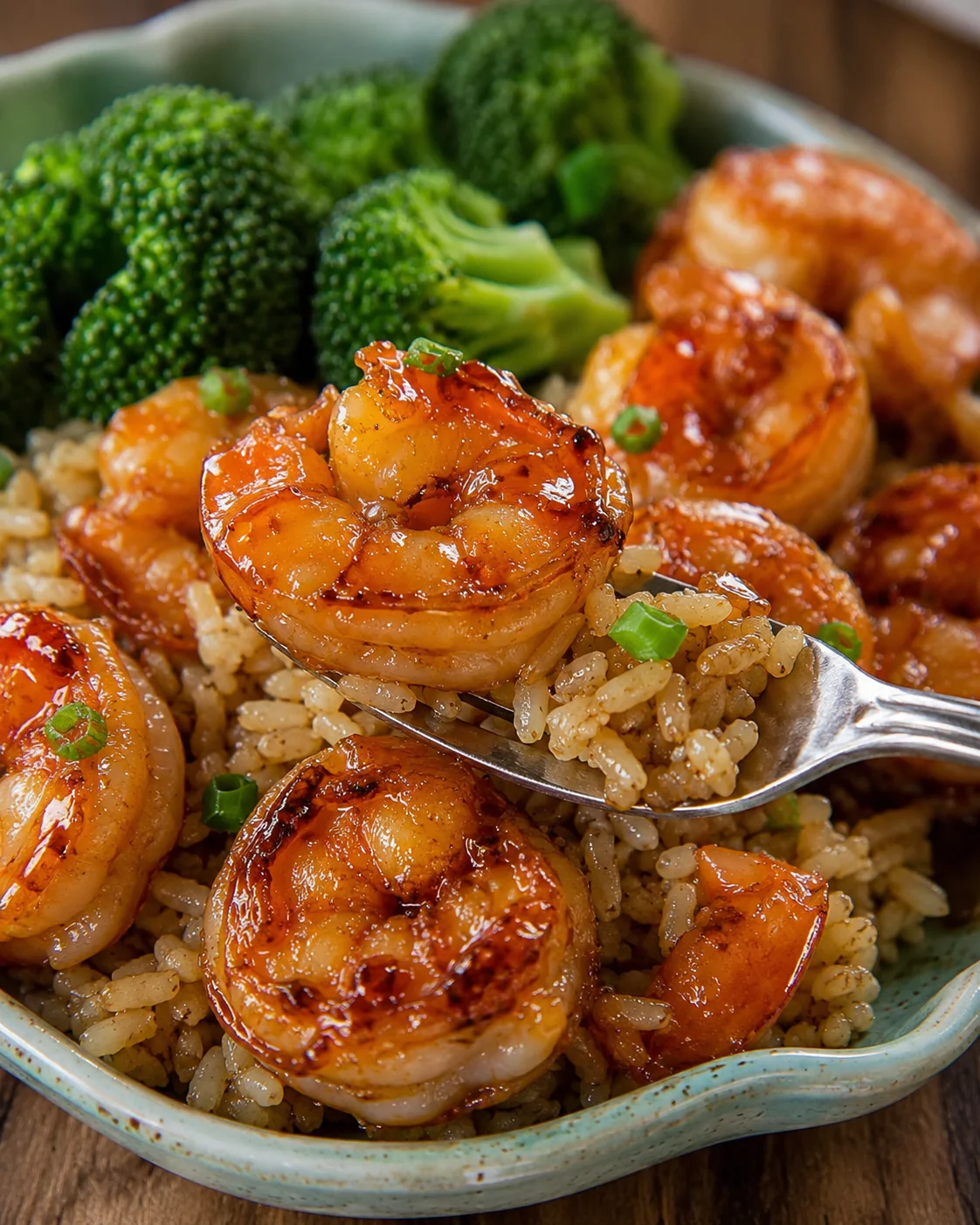 Close-up of honey garlic shrimp served with broccoli on a plate.