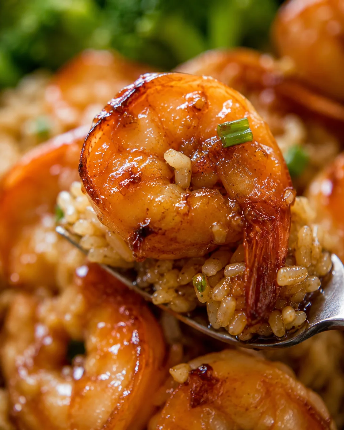 Close-up of caramelized honey garlic shrimp served over rice with green onions.