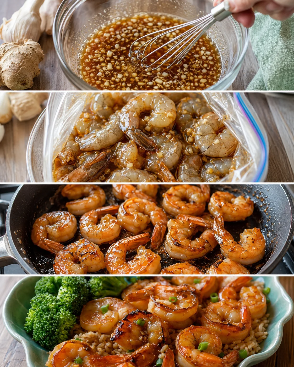 Step-by-step images showing the marinade, shrimp, and finished dish with broccoli and rice.