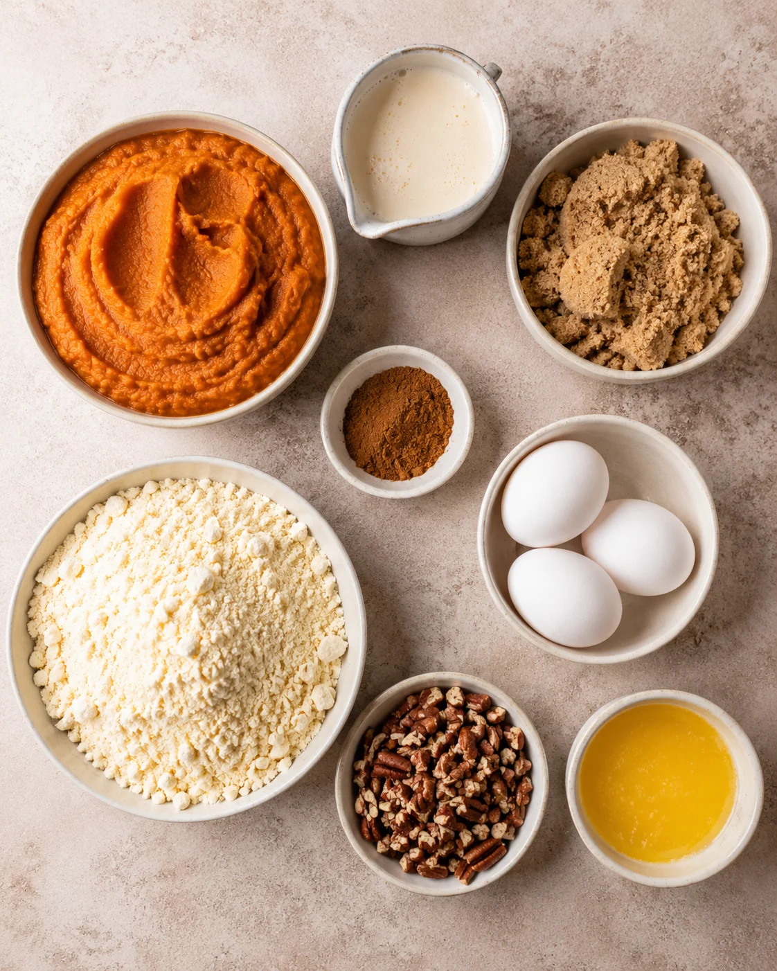 Assorted ingredients for pumpkin dump cake including pumpkin puree, cake mix, eggs, and spices.